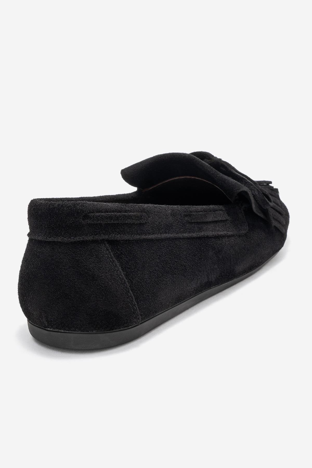 Axeli - Black Suede Genuine Leather Bow Tassel Loafer (Women)