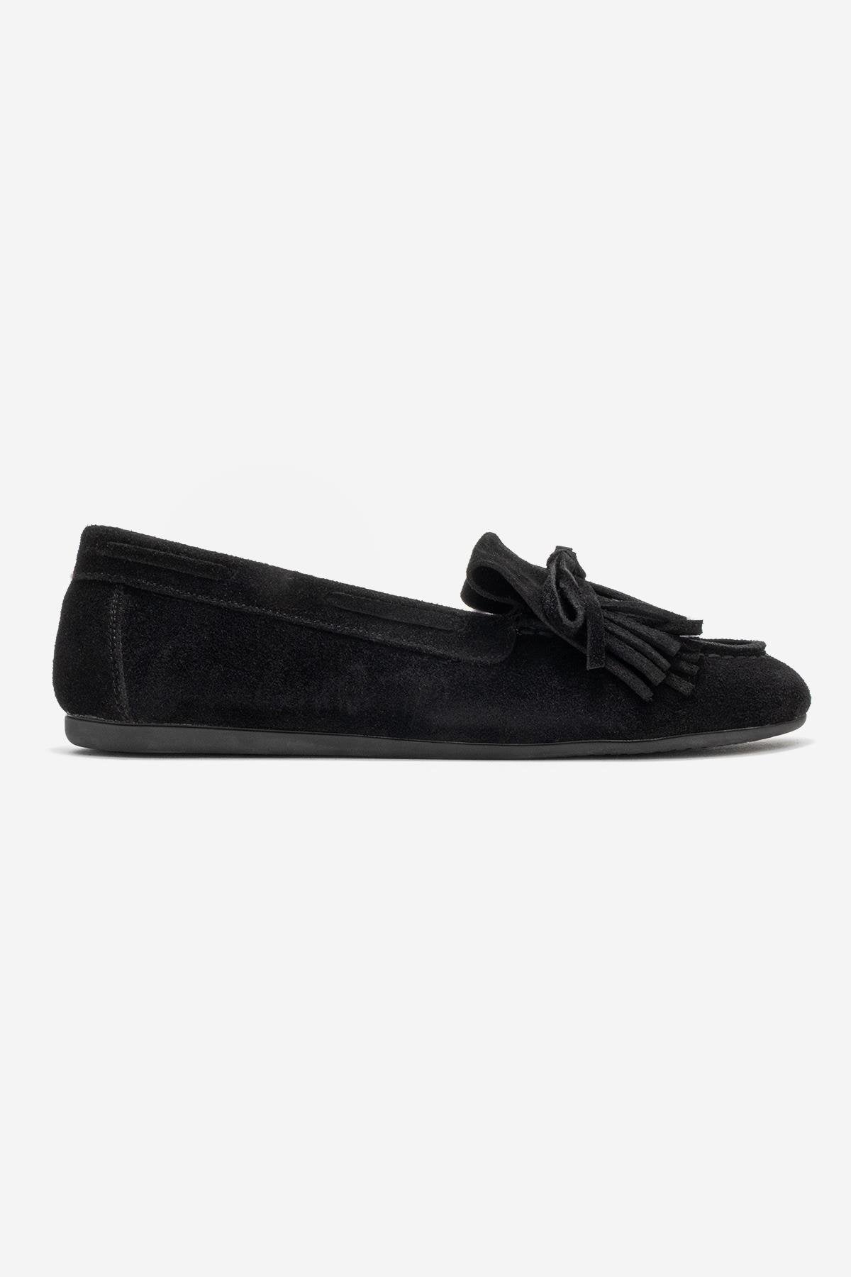 Axeli - Black Suede Genuine Leather Bow Tassel Loafer (Women)