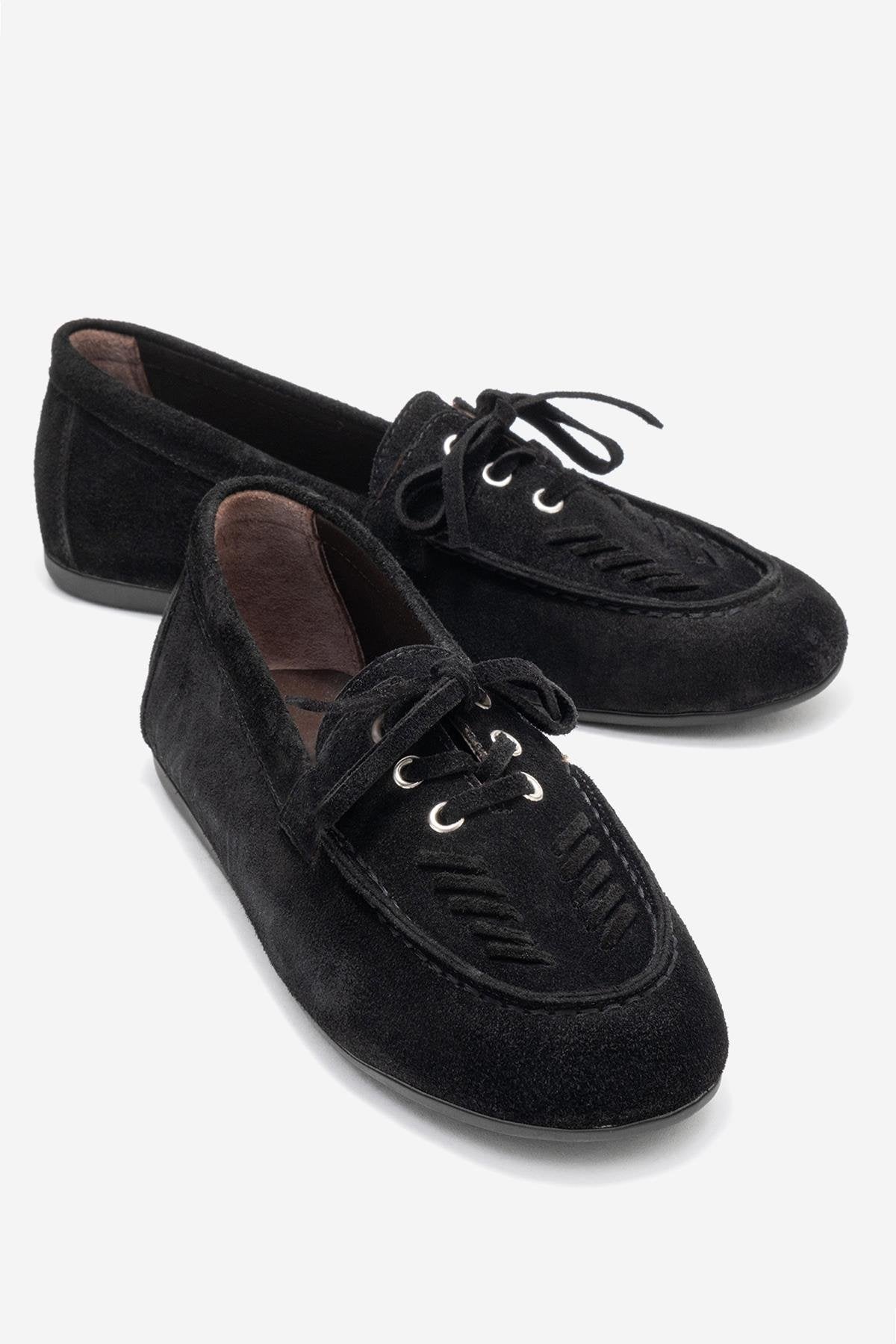 Lorven - Black Suede Genuine Leather Lace-Up Loafer Shoe (Women)