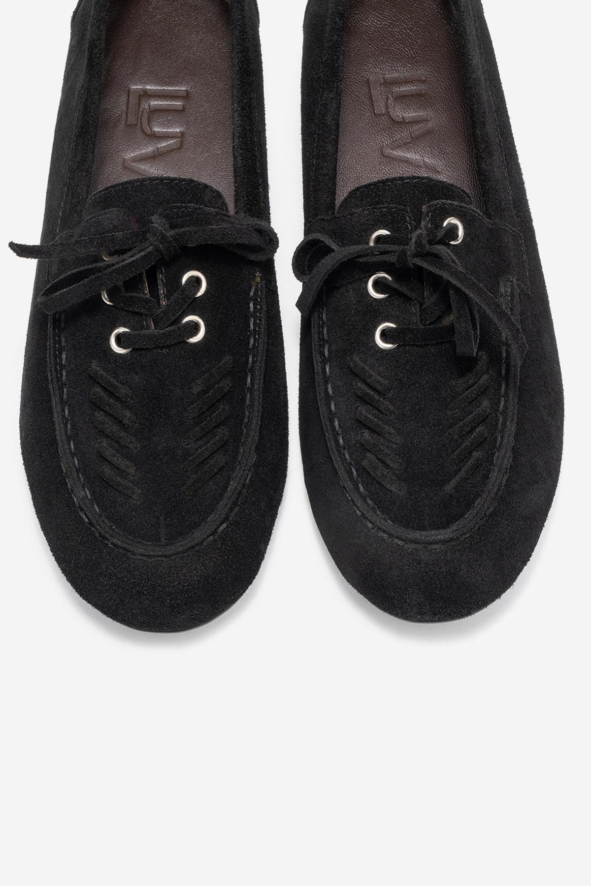 Lorven - Black Suede Genuine Leather Lace-Up Loafer Shoe (Women)