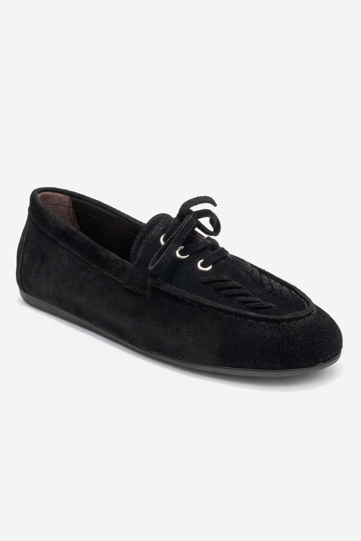 Lorven - Black Suede Genuine Leather Lace-Up Loafer Shoe (Women)