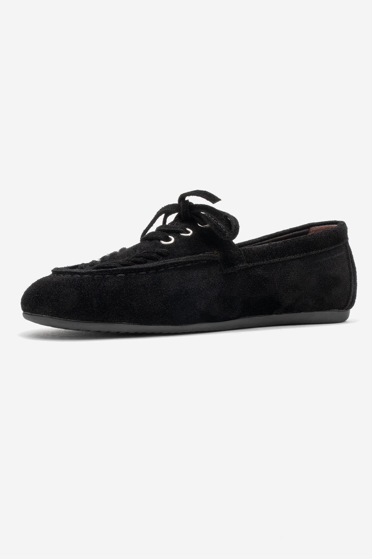 Lorven - Black Suede Genuine Leather Lace-Up Loafer Shoe (Women)