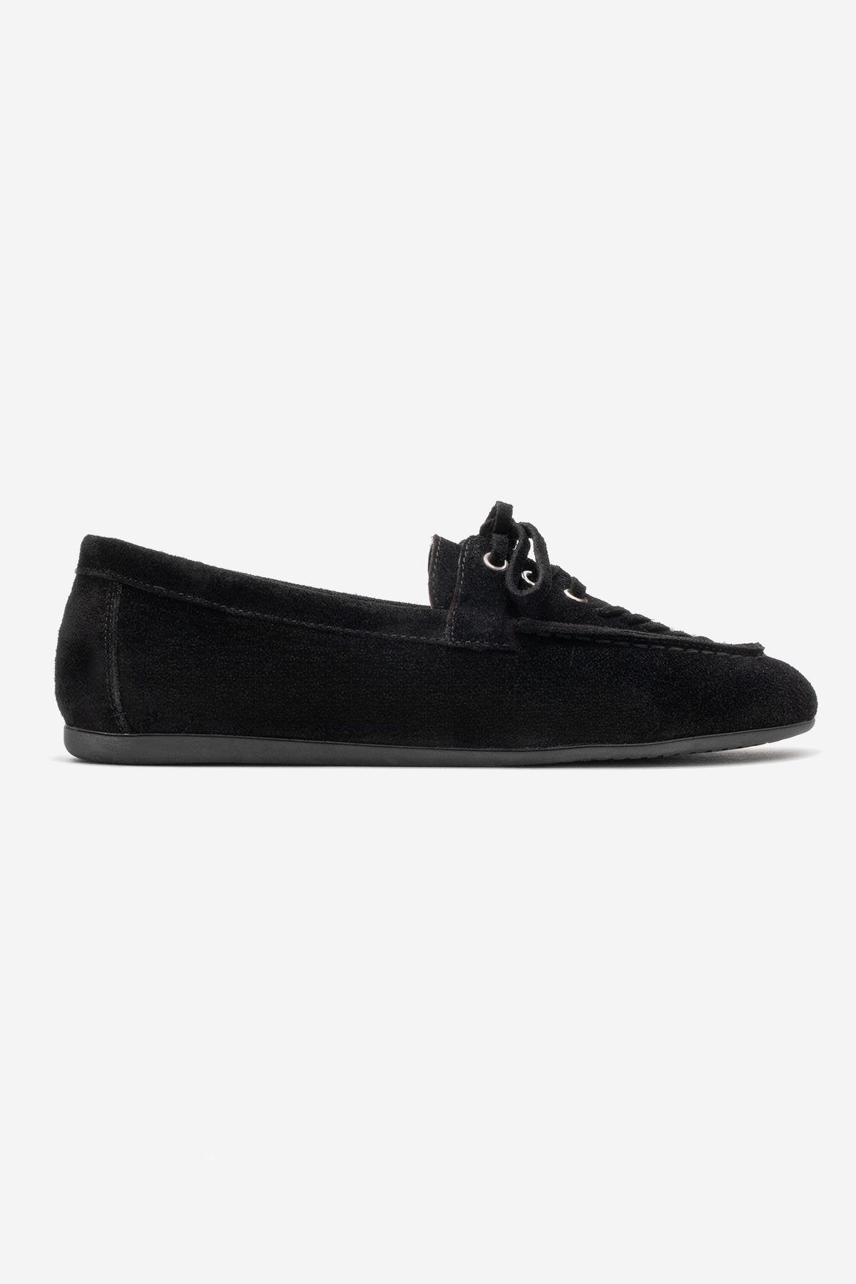 Lorven - Black Suede Genuine Leather Lace-Up Loafer Shoe (Women)