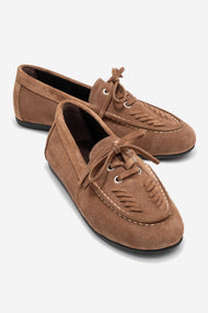 Lorven - Taupe Suede Genuine Leather Lace-Up Loafer Shoe (Women)