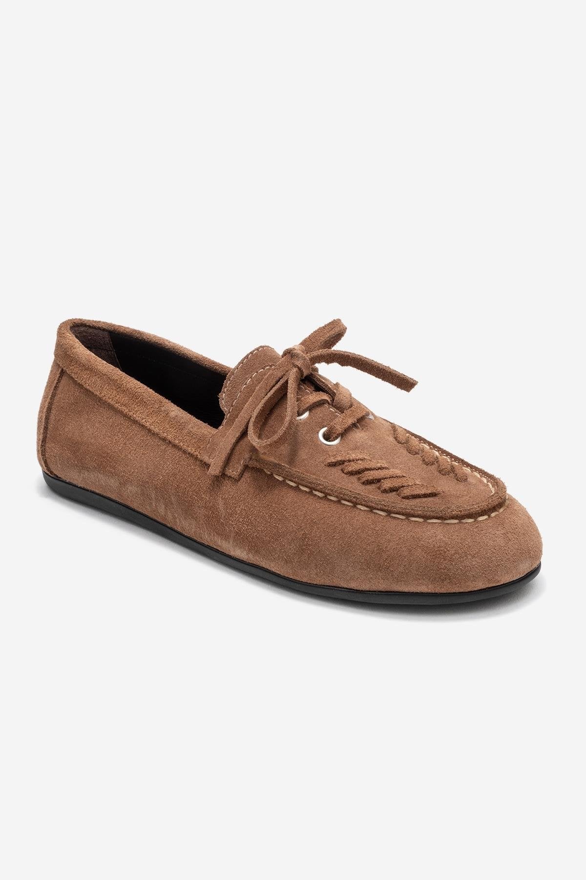 Lorven - Taupe Suede Genuine Leather Lace-Up Loafer Shoe (Women)