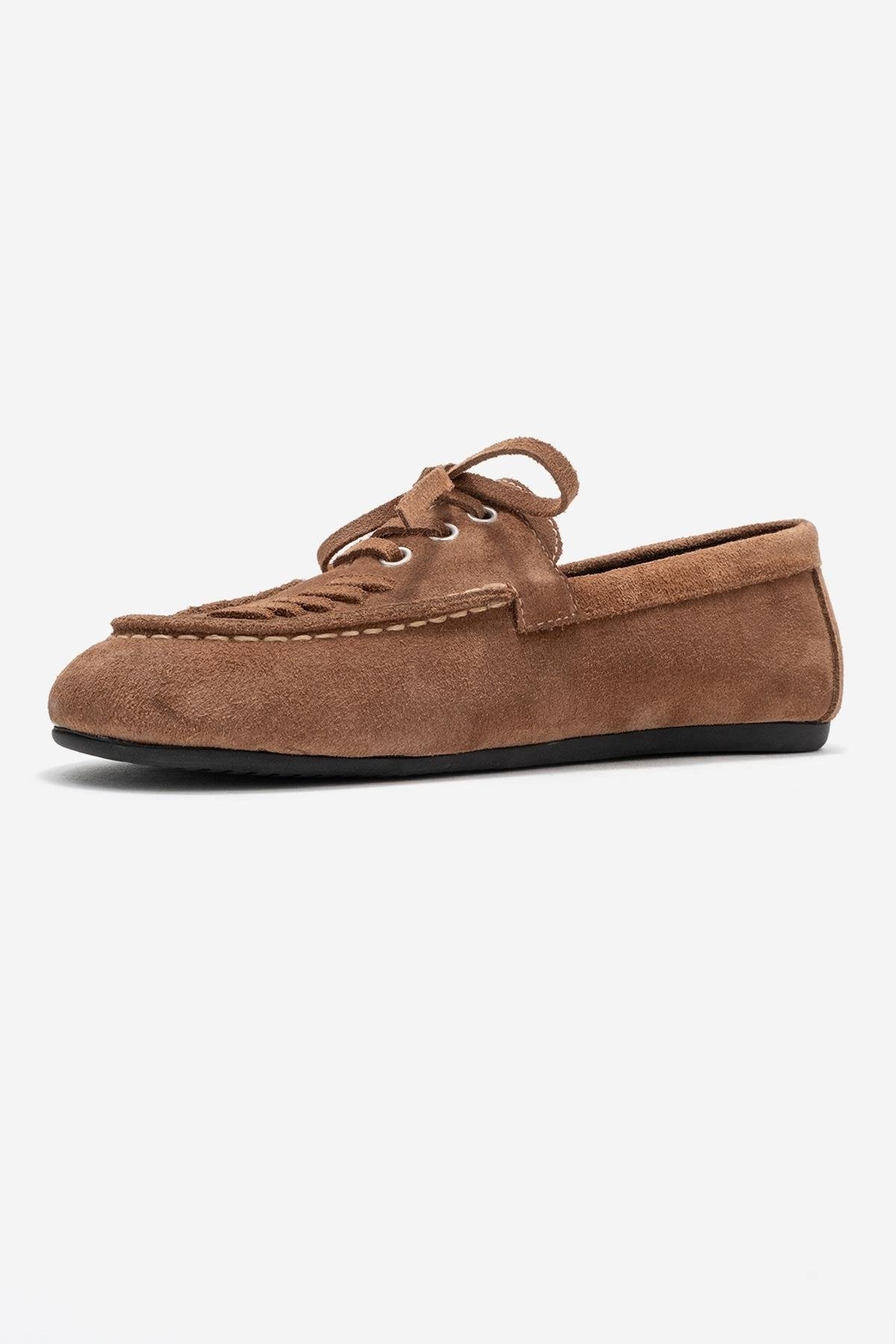 Lorven - Taupe Suede Genuine Leather Lace-Up Loafer Shoe (Women)