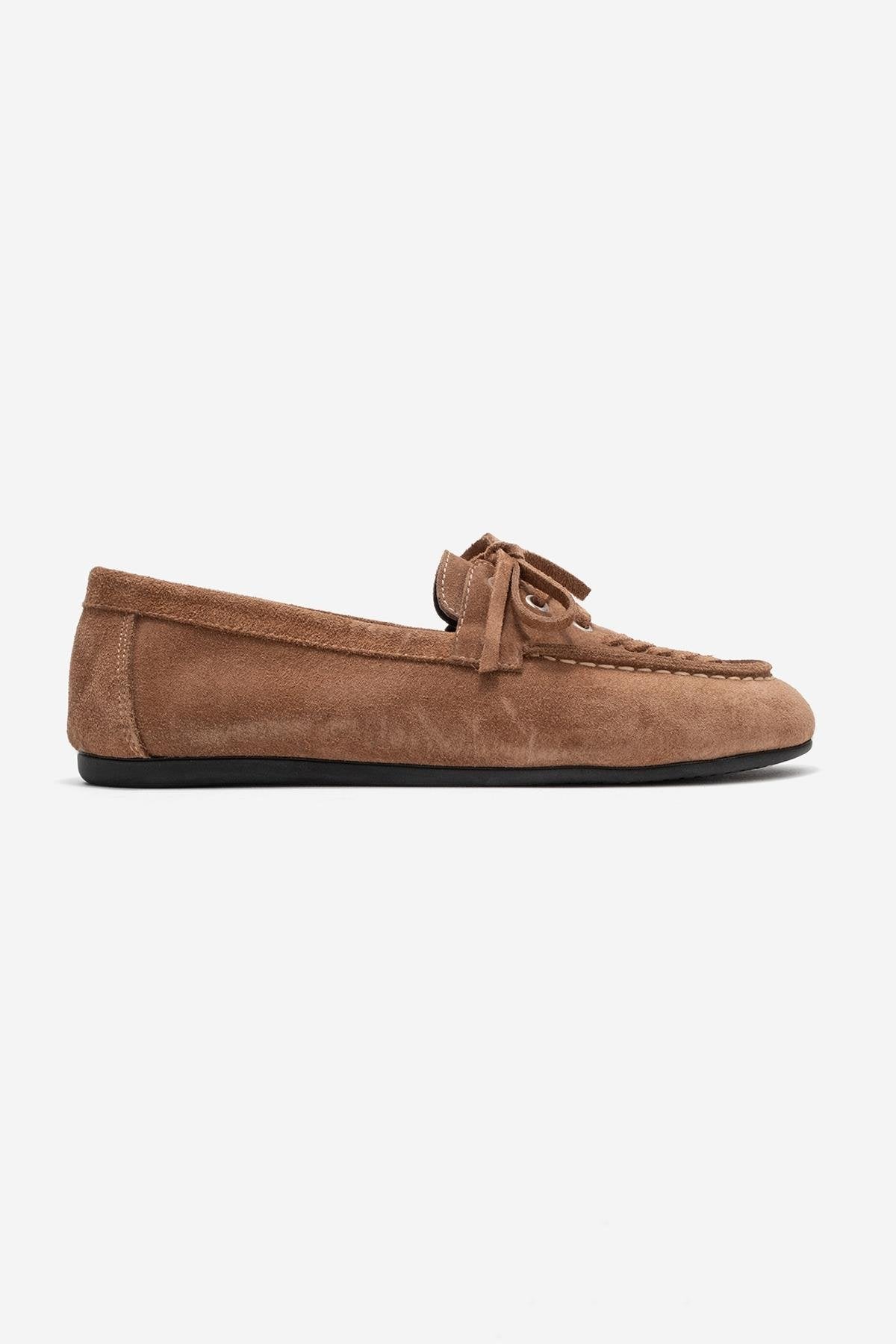 Lorven - Taupe Suede Genuine Leather Lace-Up Loafer Shoe (Women)