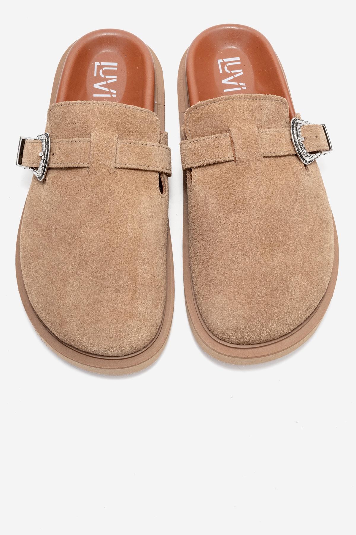 Vesta - Taupe Suede Buckled Genuine Leather Closed-Toe Mule (Women)