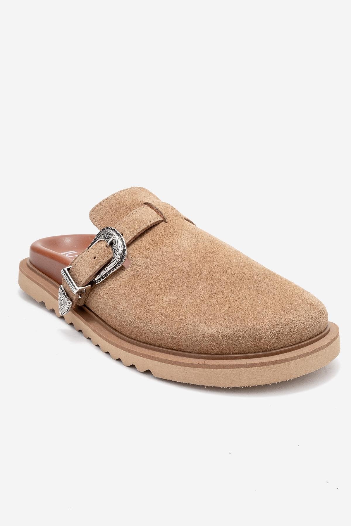 Vesta - Taupe Suede Buckled Genuine Leather Closed-Toe Mule (Women)