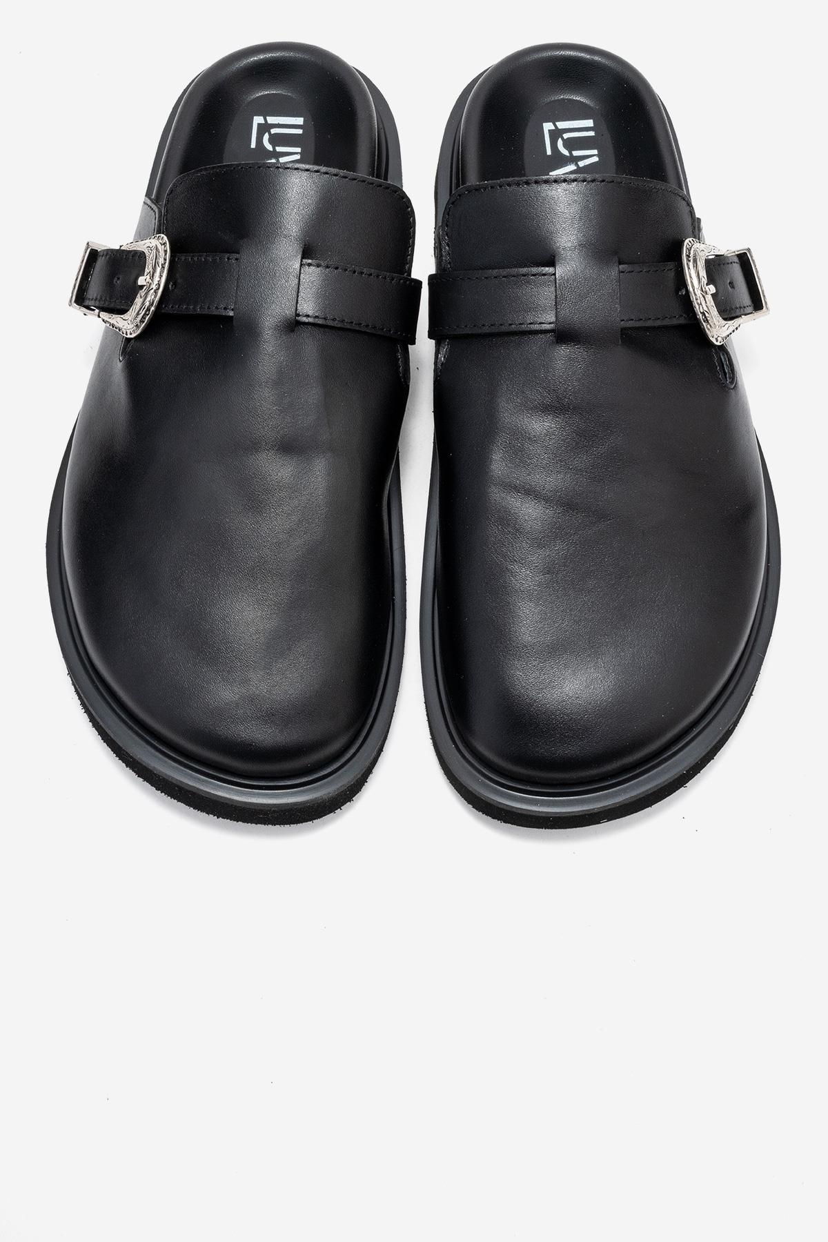 Vesta - Black Buckled Genuine Leather Closed-Toe Mule (Women)