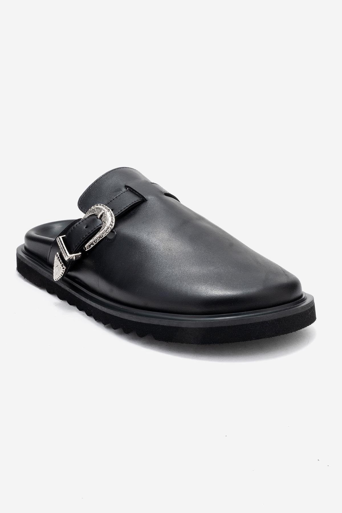 Vesta - Black Buckled Genuine Leather Closed-Toe Mule (Women)