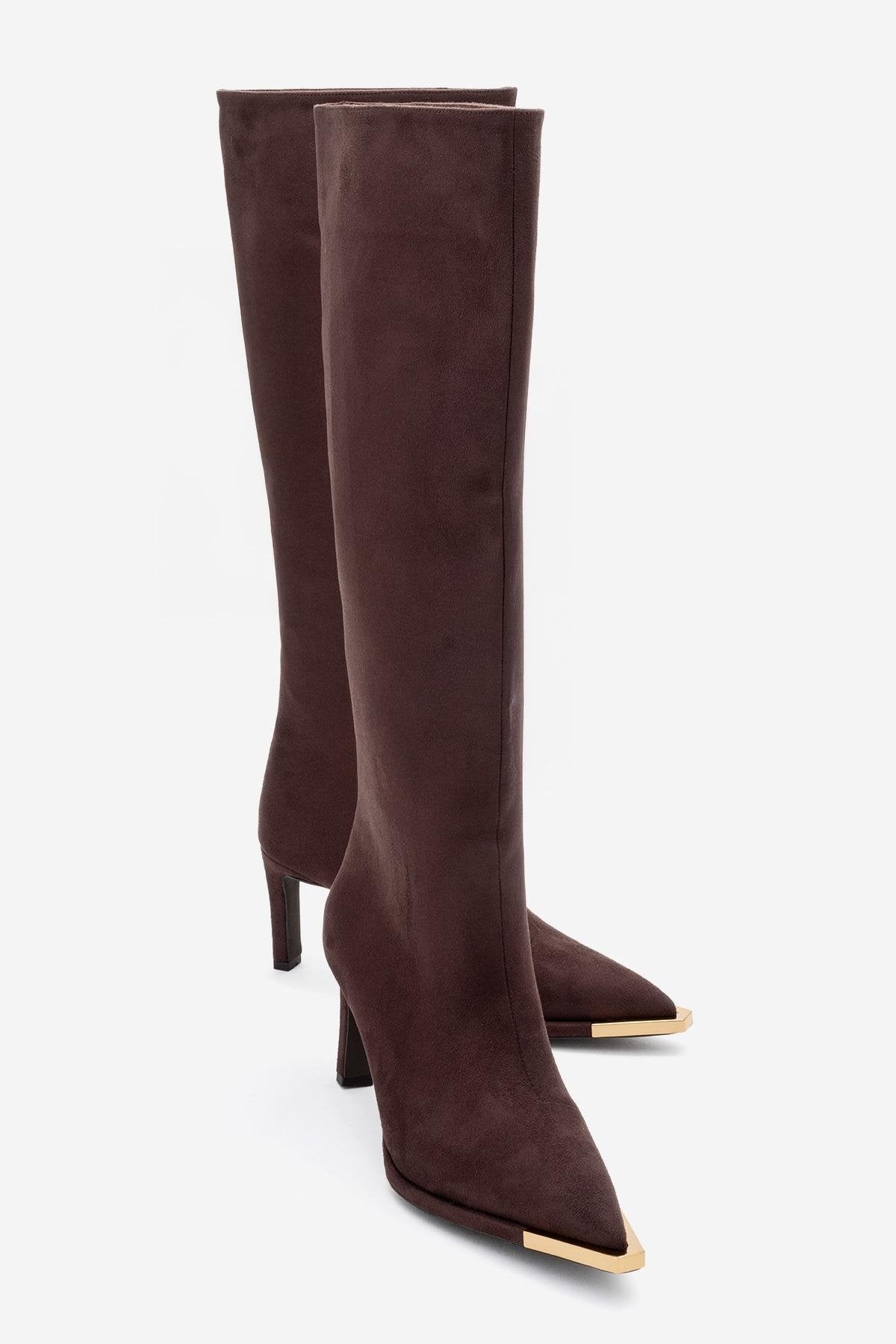 Lexa - Brown Gold Detail Pointed Toe Heeled Knee-High Boot (Women)