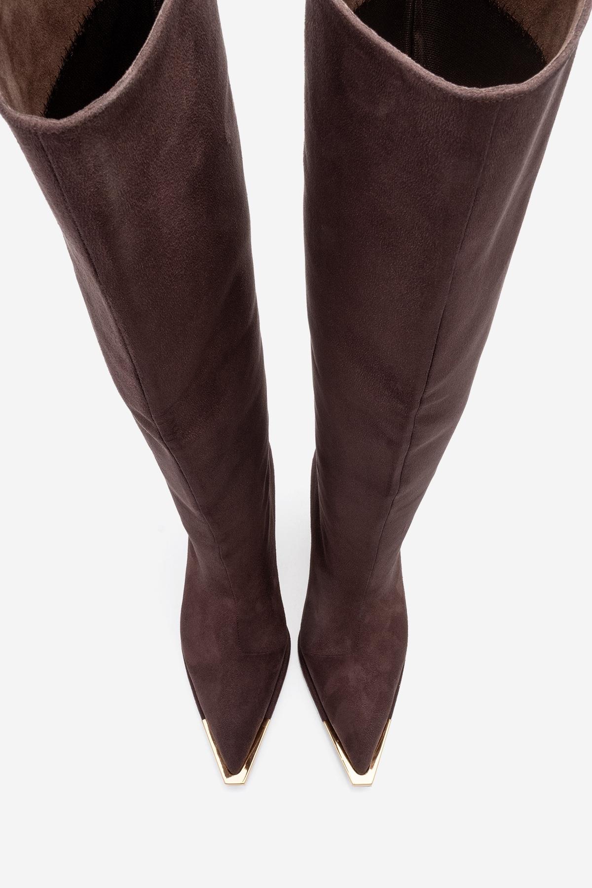 Lexa - Brown Gold Detail Pointed Toe Heeled Knee-High Boot (Women)