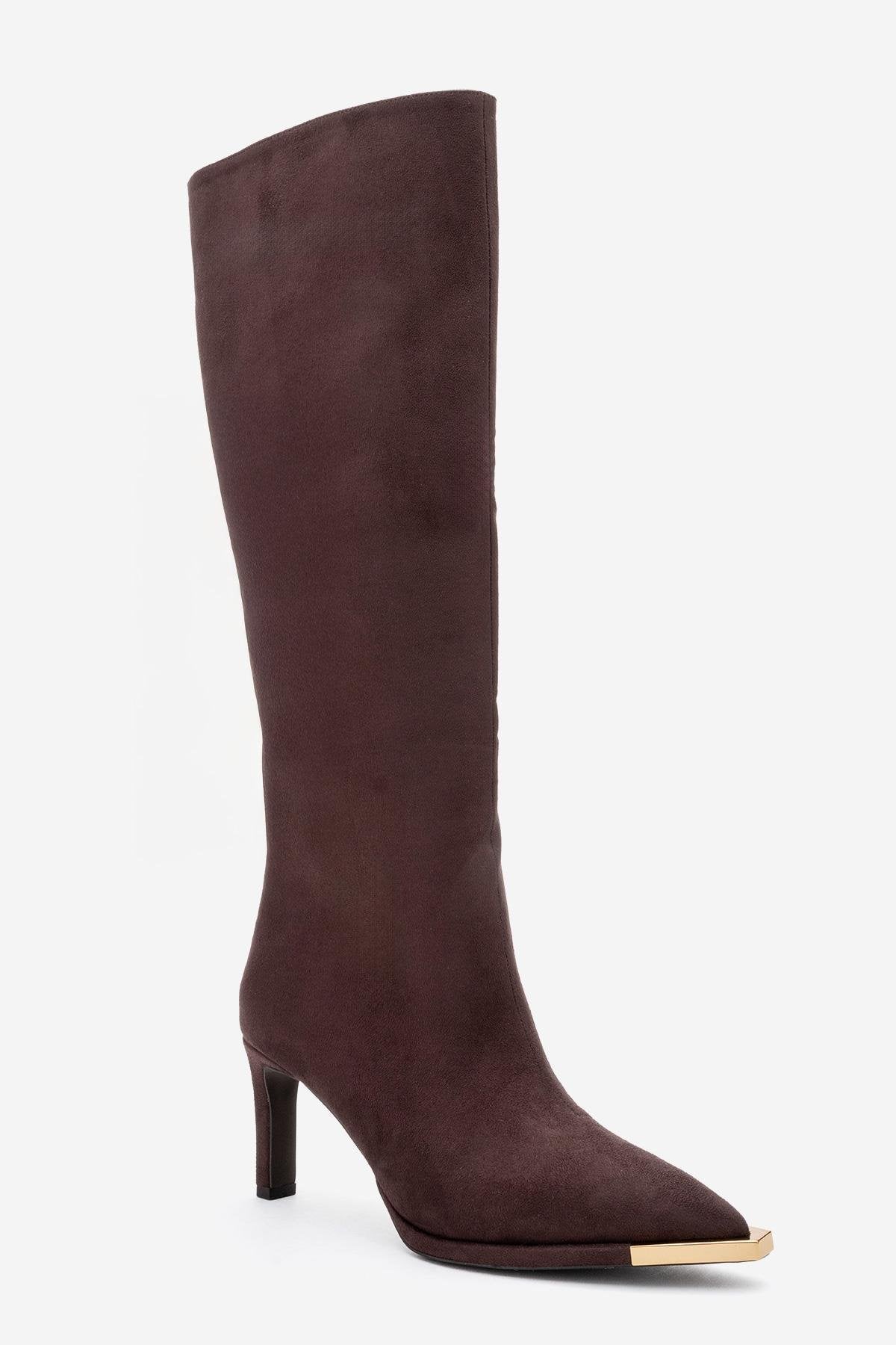 Lexa - Brown Gold Detail Pointed Toe Heeled Knee-High Boot (Women)