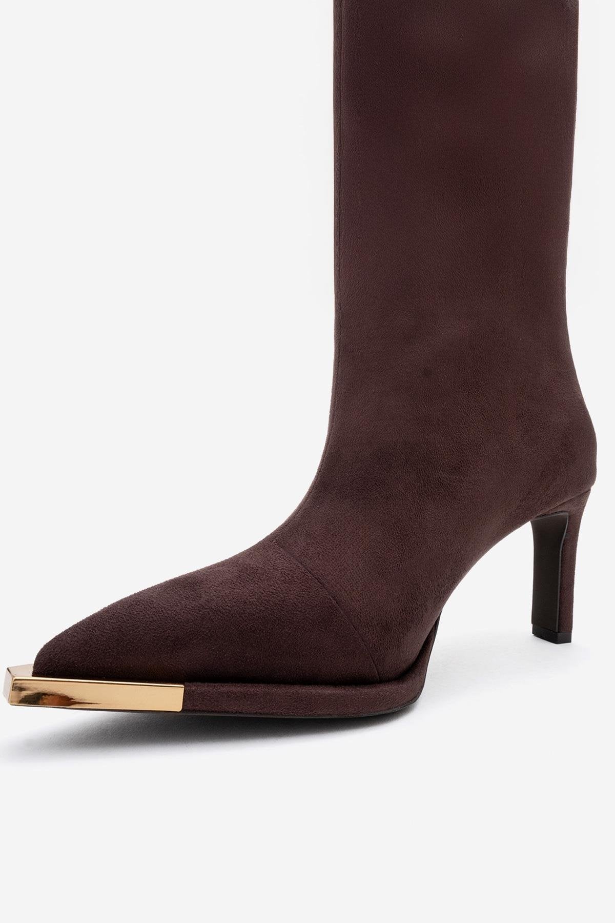 Lexa - Brown Gold Detail Pointed Toe Heeled Knee-High Boot (Women)