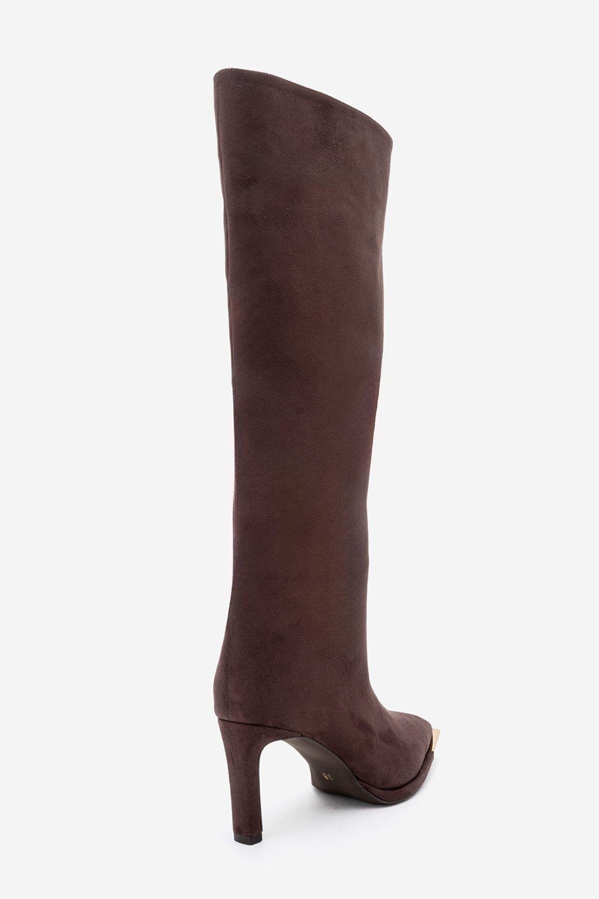 Lexa - Brown Gold Detail Pointed Toe Heeled Knee-High Boot (Women)