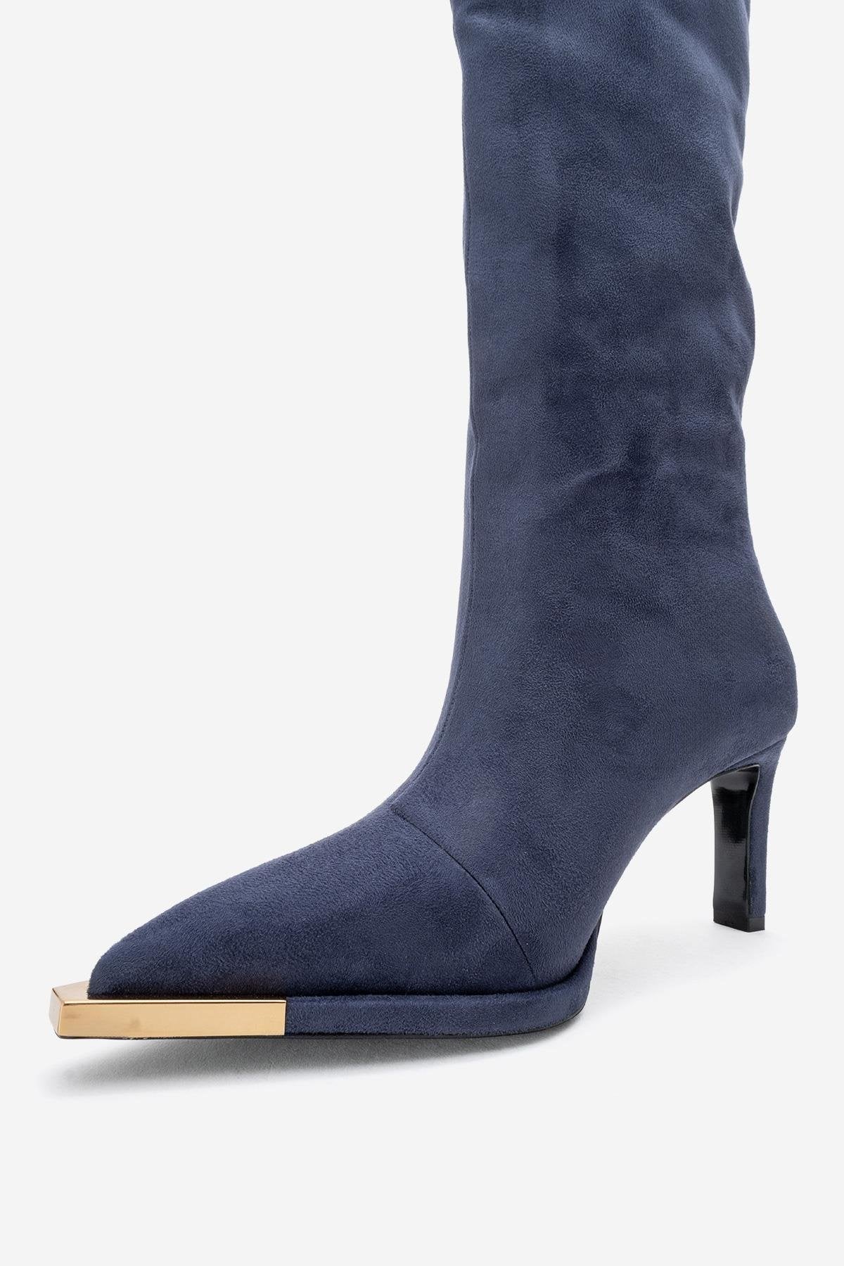 Lexa - Navy Gold-Detail Pointed Toe Knee-High Boot (Women)