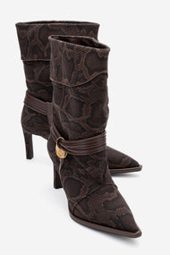 Myra - Brown Snake-Embossed Genuine Leather Banded Buckle Heeled Ankle Boot (Women)
