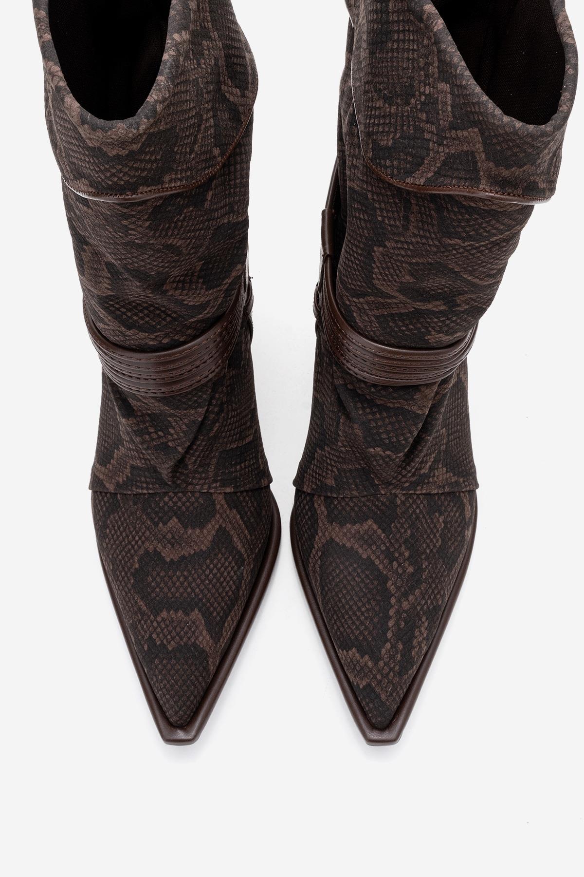 Myra - Brown Snake-Embossed Genuine Leather Banded Buckle Heeled Ankle Boot (Women)