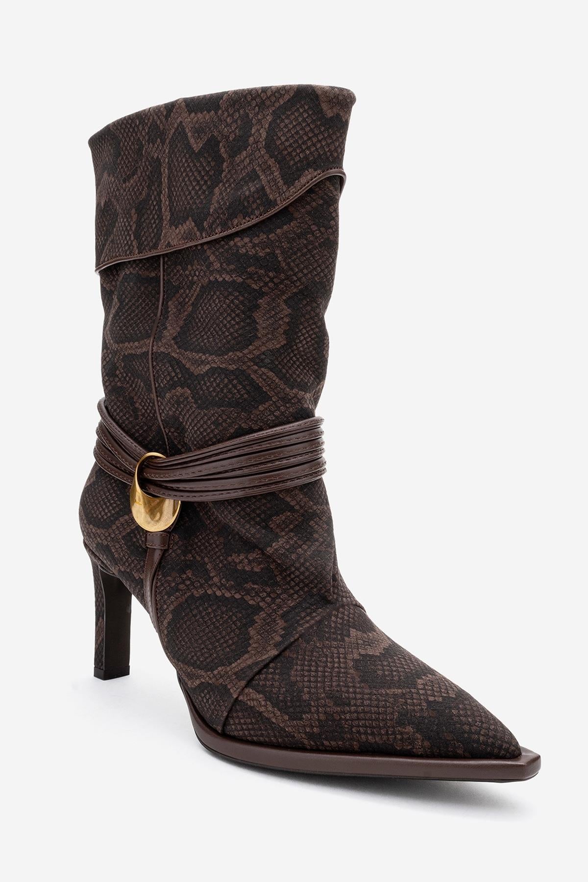 Myra - Brown Snake-Embossed Genuine Leather Banded Buckle Heeled Ankle Boot (Women)