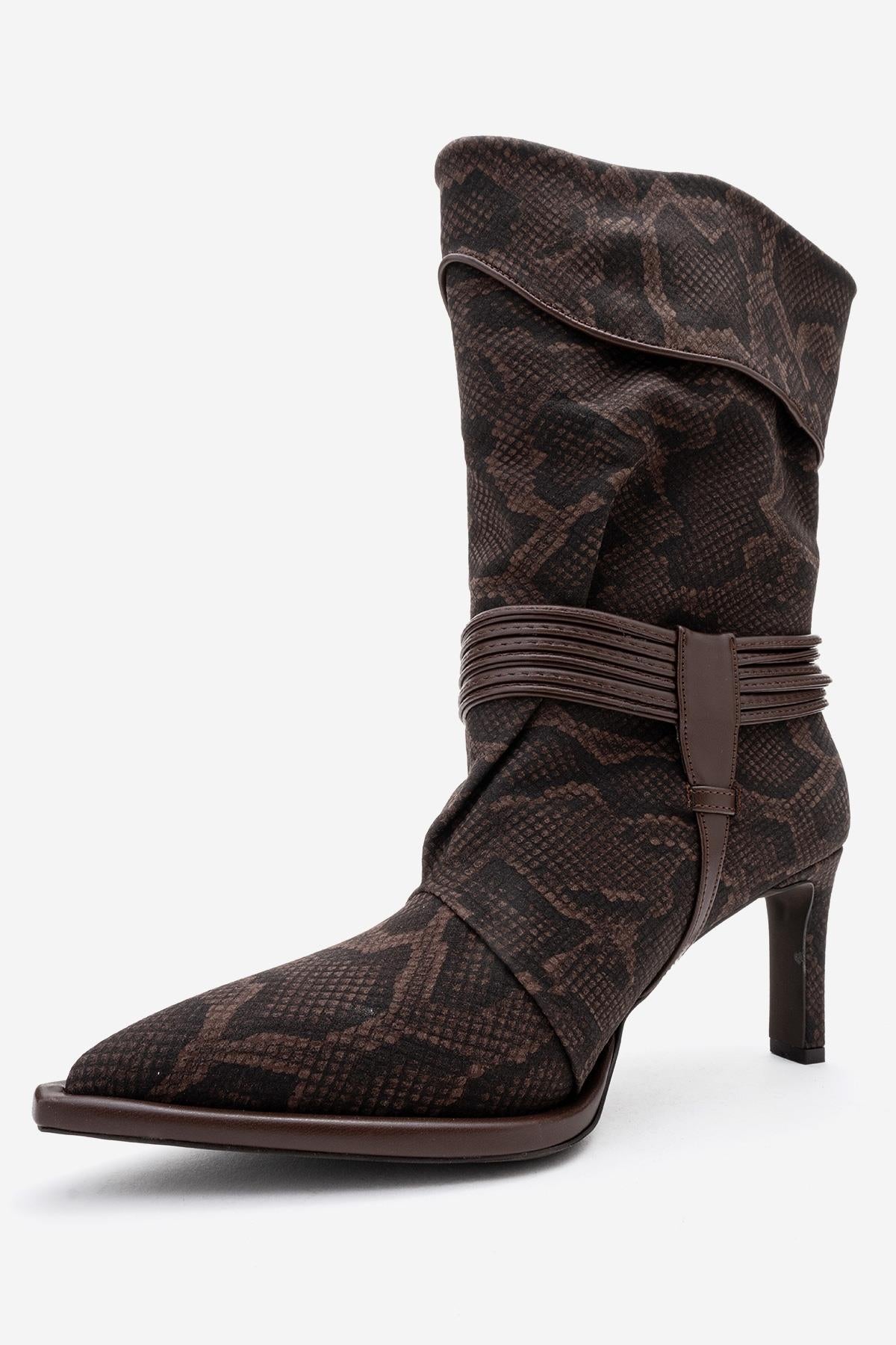 Myra - Brown Snake-Embossed Genuine Leather Banded Buckle Heeled Ankle Boot (Women)