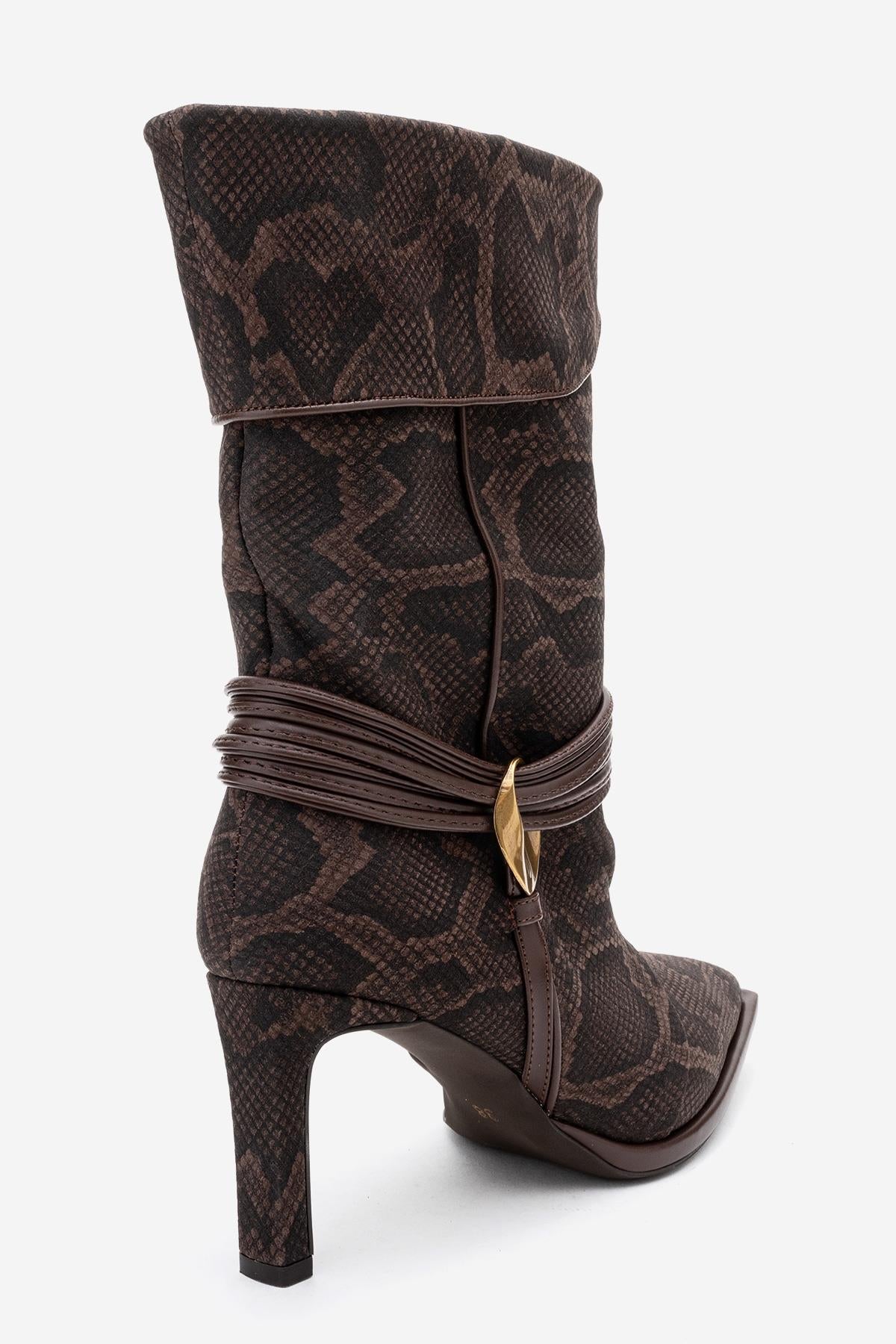 Myra - Brown Snake-Embossed Genuine Leather Banded Buckle Heeled Ankle Boot (Women)