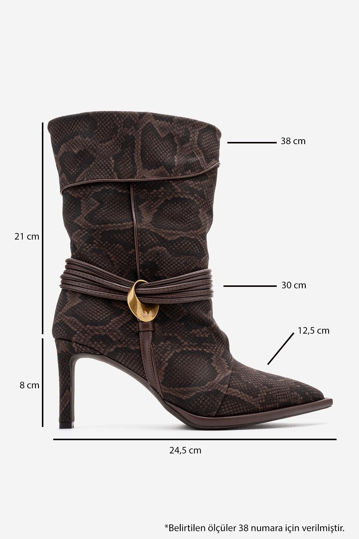 Myra - Brown Snake-Embossed Genuine Leather Banded Buckle Heeled Ankle Boot (Women)