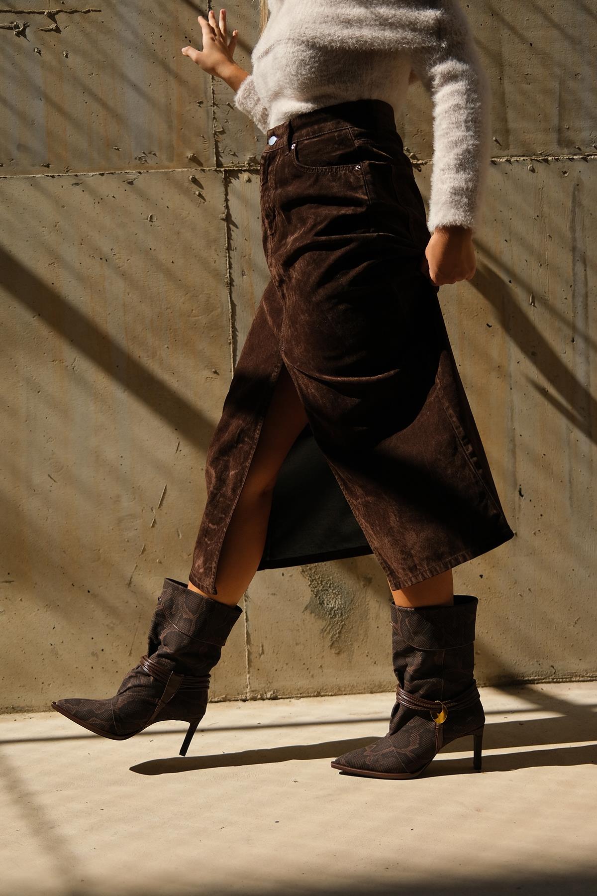 Myra - Brown Snake-Embossed Genuine Leather Banded Buckle Heeled Ankle Boot (Women)
