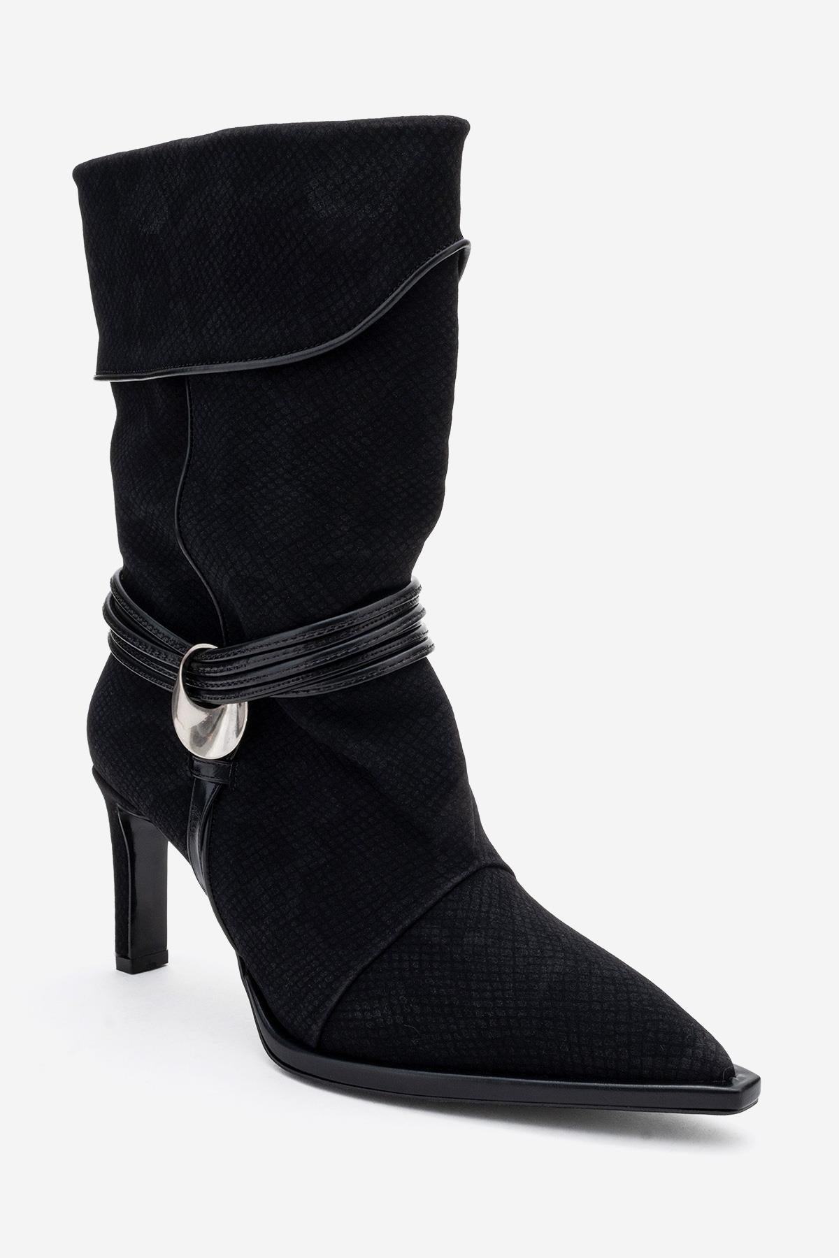 Myra - Black Snake-Embossed Banded Buckle Heeled Ankle Boot (Women)