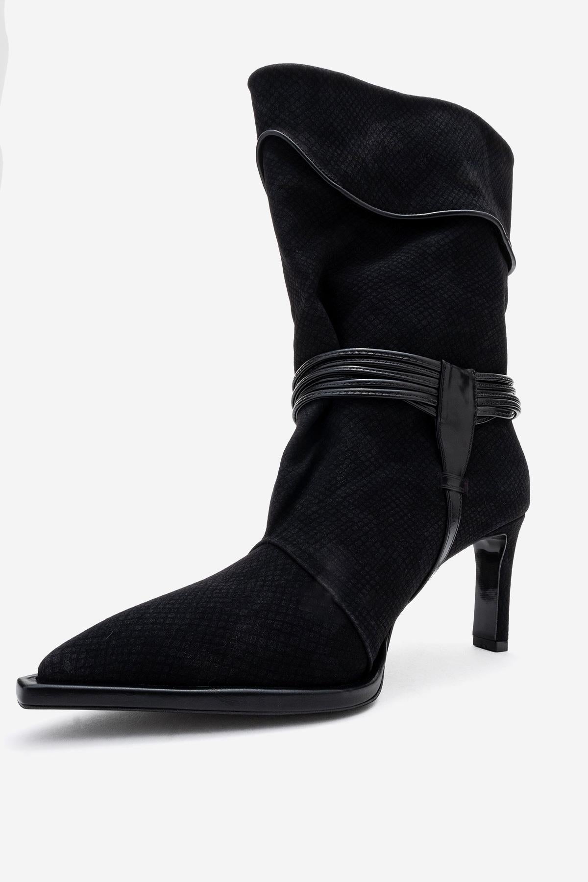 Myra - Black Snake-Embossed Banded Buckle Heeled Ankle Boot (Women)