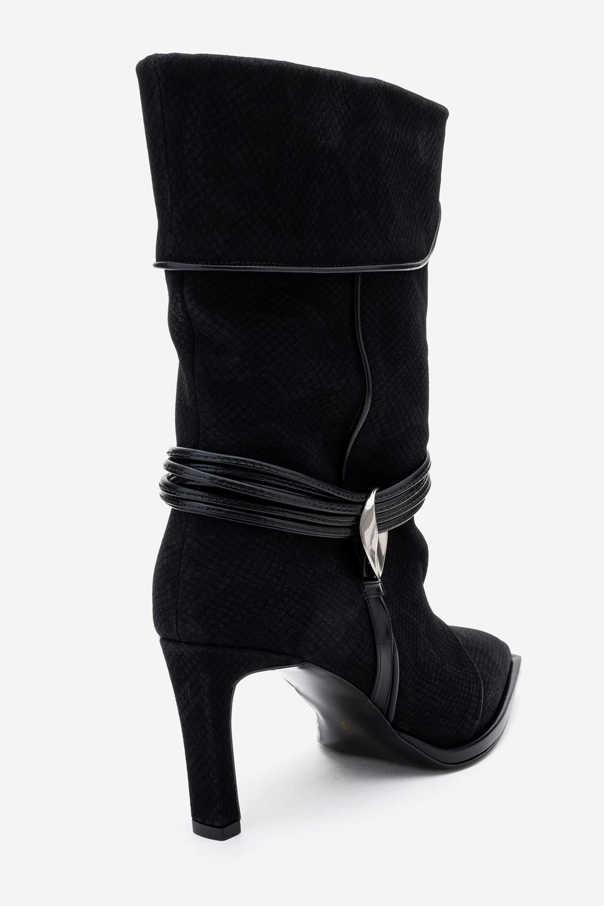 Myra - Black Snake-Embossed Banded Buckle Heeled Ankle Boot (Women)