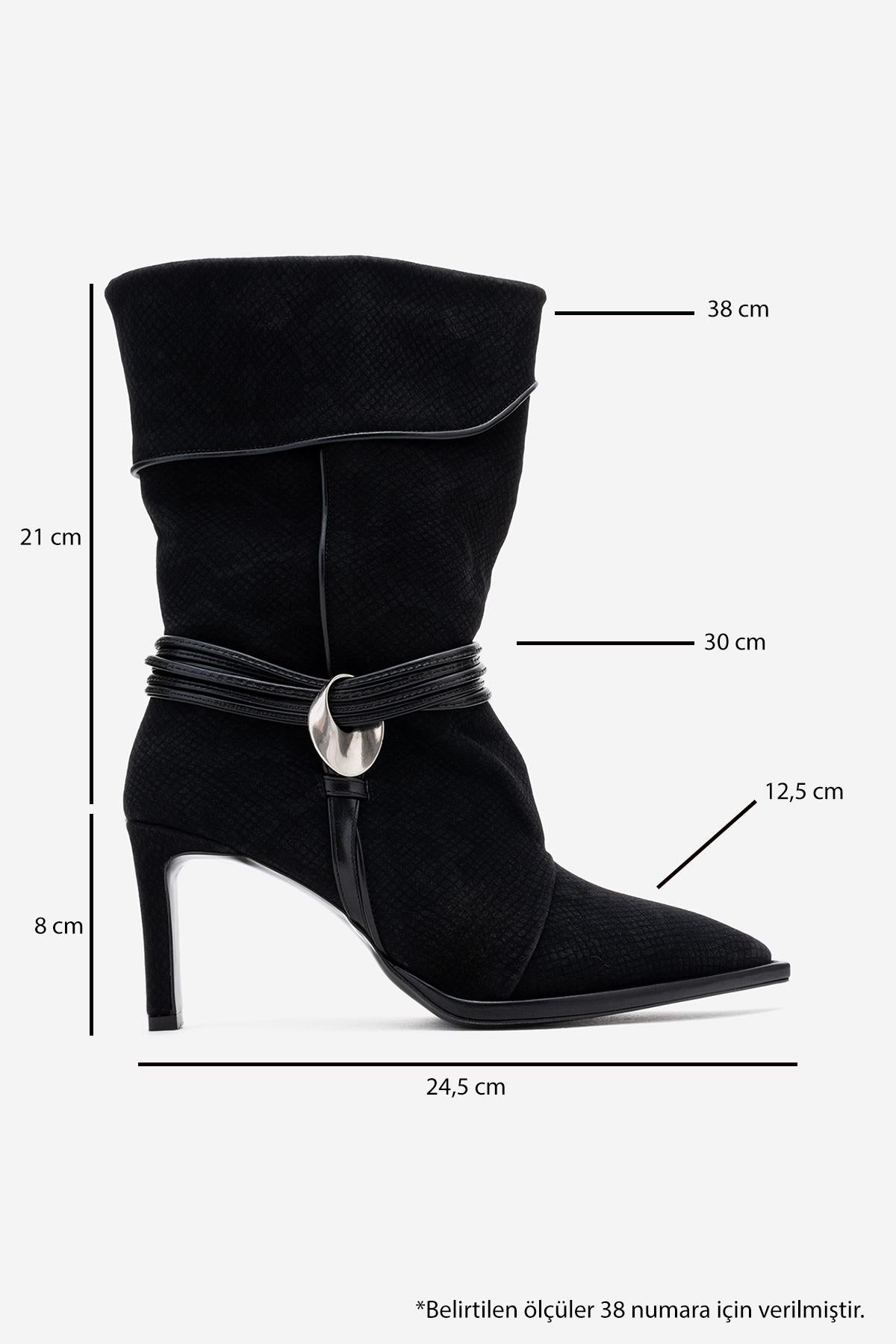 Myra - Black Snake-Embossed Banded Buckle Heeled Ankle Boot (Women)