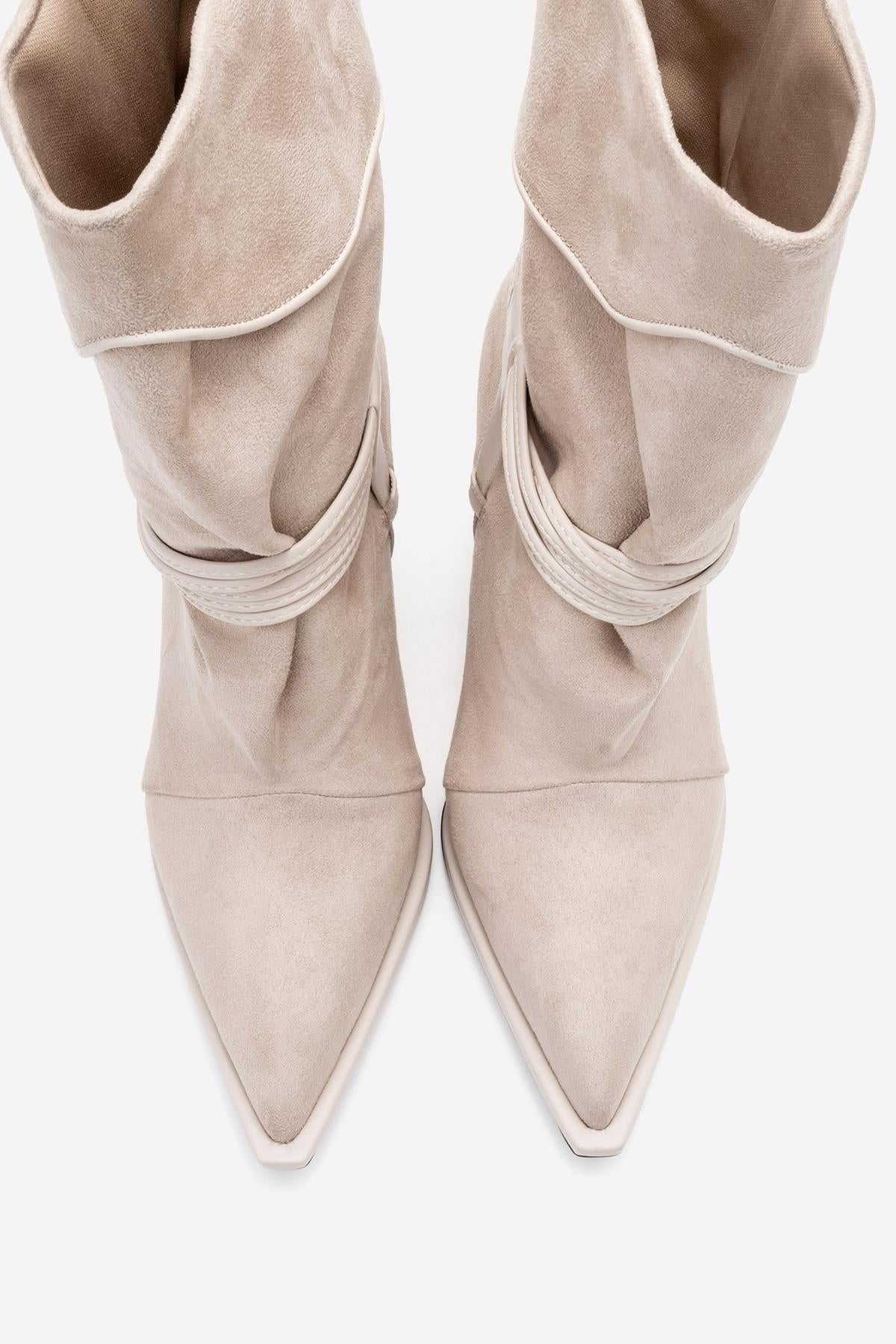 Myra - Beige Banded Buckle Heeled Ankle Boot (Women)