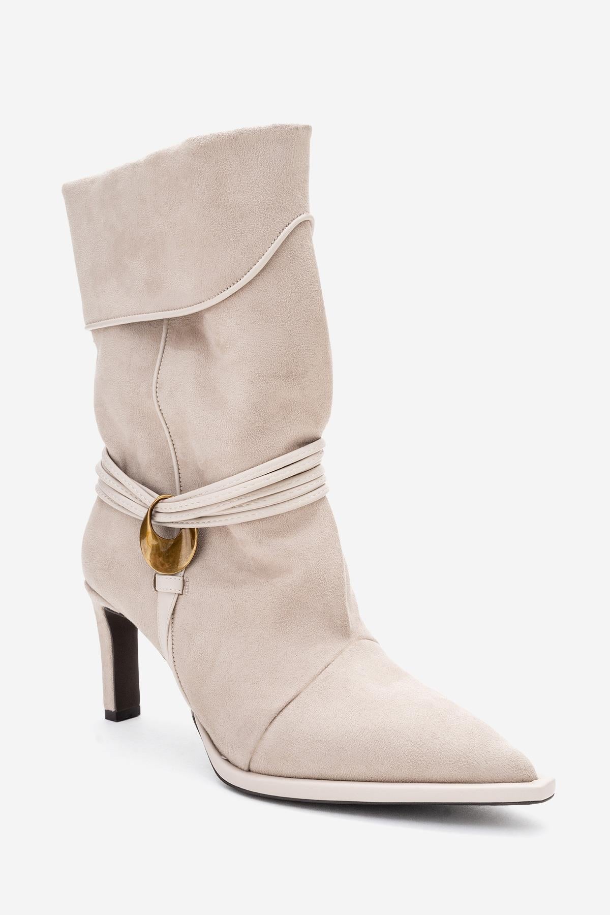 Myra - Beige Banded Buckle Heeled Ankle Boot (Women)