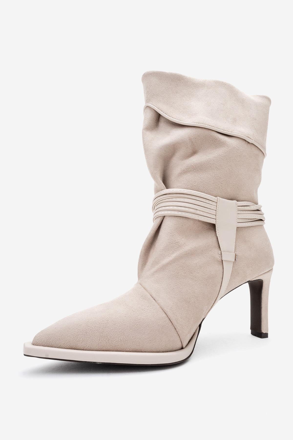 Myra - Beige Banded Buckle Heeled Ankle Boot (Women)