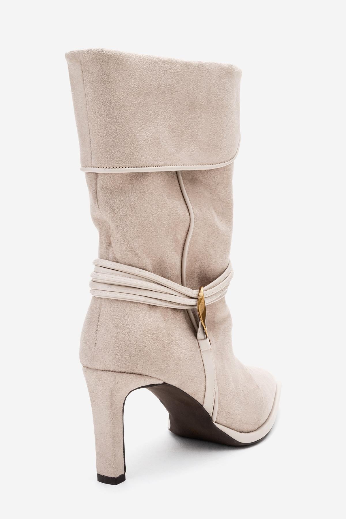 Myra - Beige Banded Buckle Heeled Ankle Boot (Women)