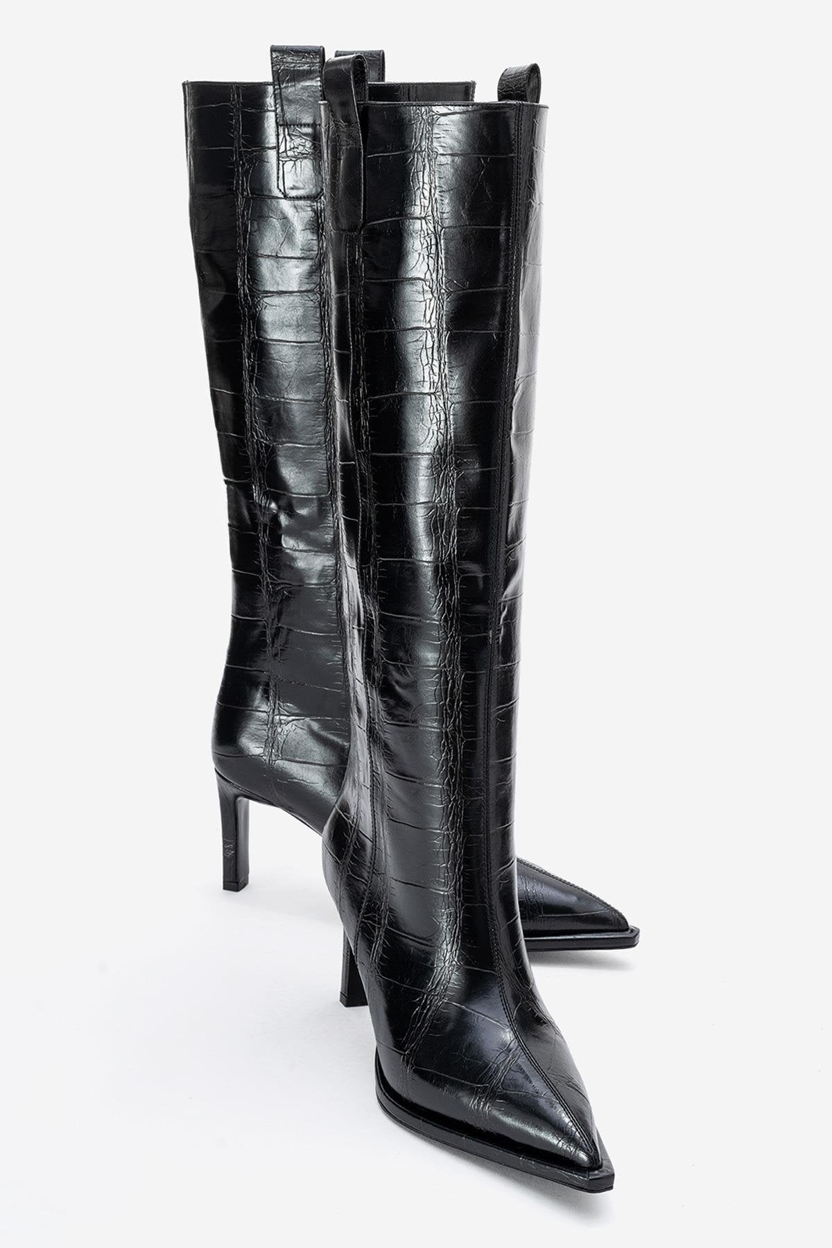 Lunelle - Black Pointed Toe Stiletto Heel Knee-High Boot (Women)