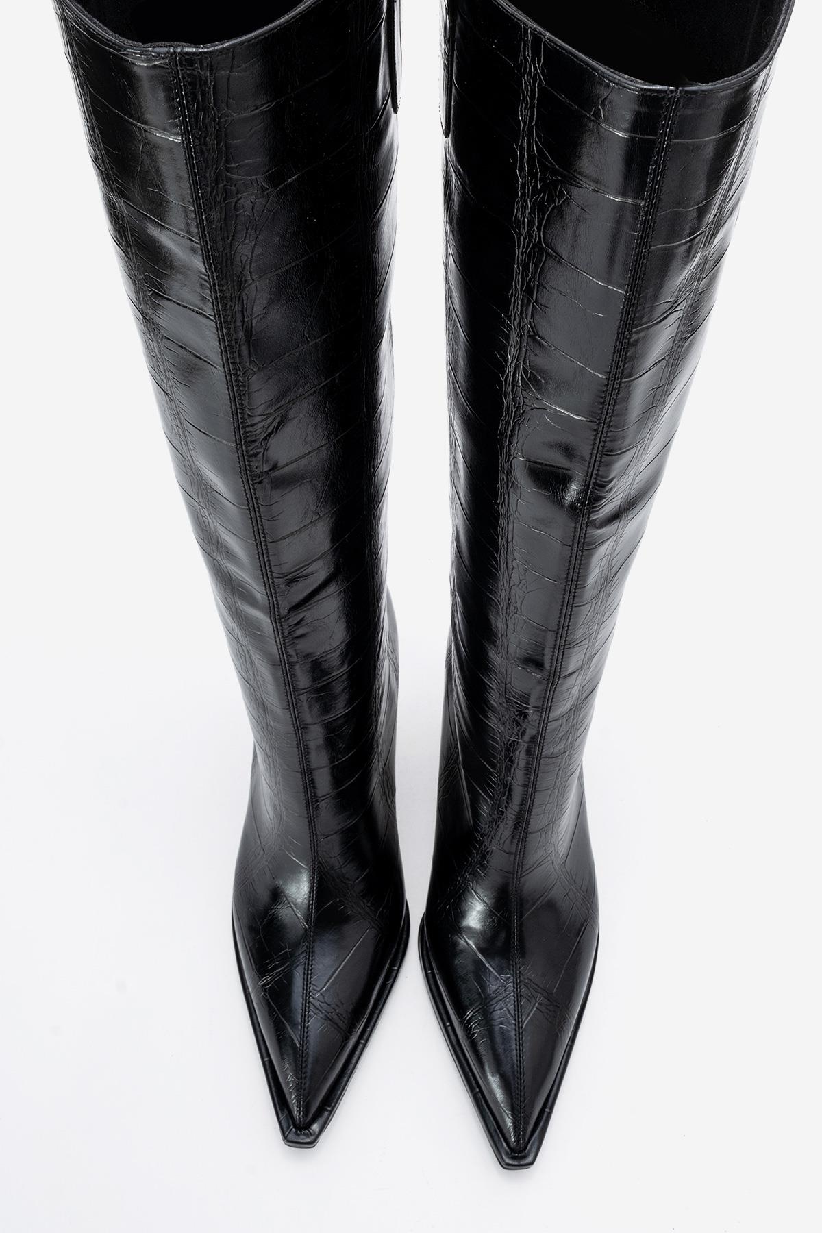Lunelle - Black Pointed Toe Stiletto Heel Knee-High Boot (Women)