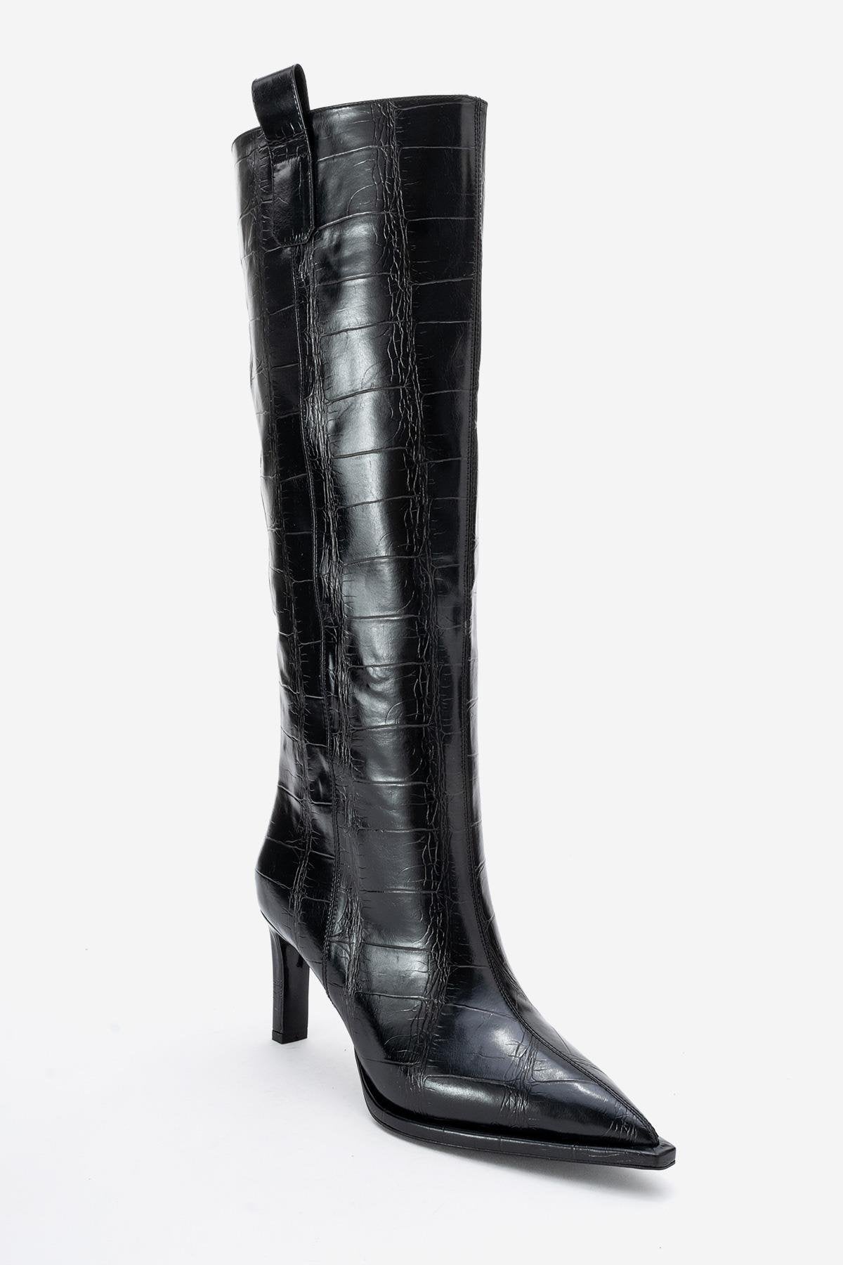 Lunelle - Black Pointed Toe Stiletto Heel Knee-High Boot (Women)
