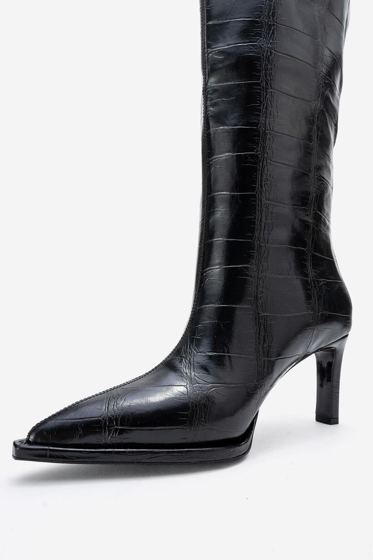 Lunelle - Black Pointed Toe Stiletto Heel Knee-High Boot (Women)