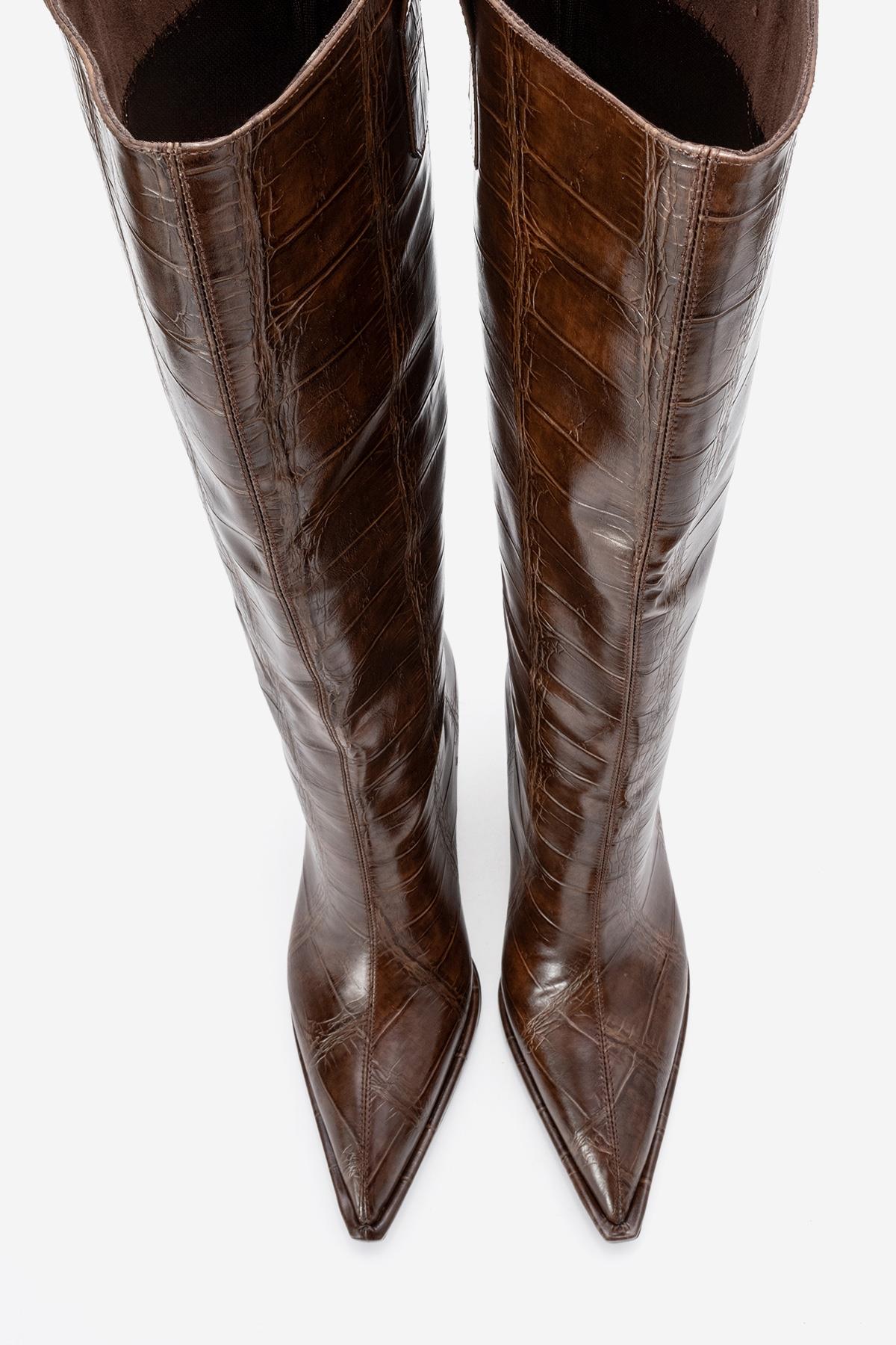 Lunelle - Brown Pointed Toe Stiletto Heel Knee-High Boot (Women)