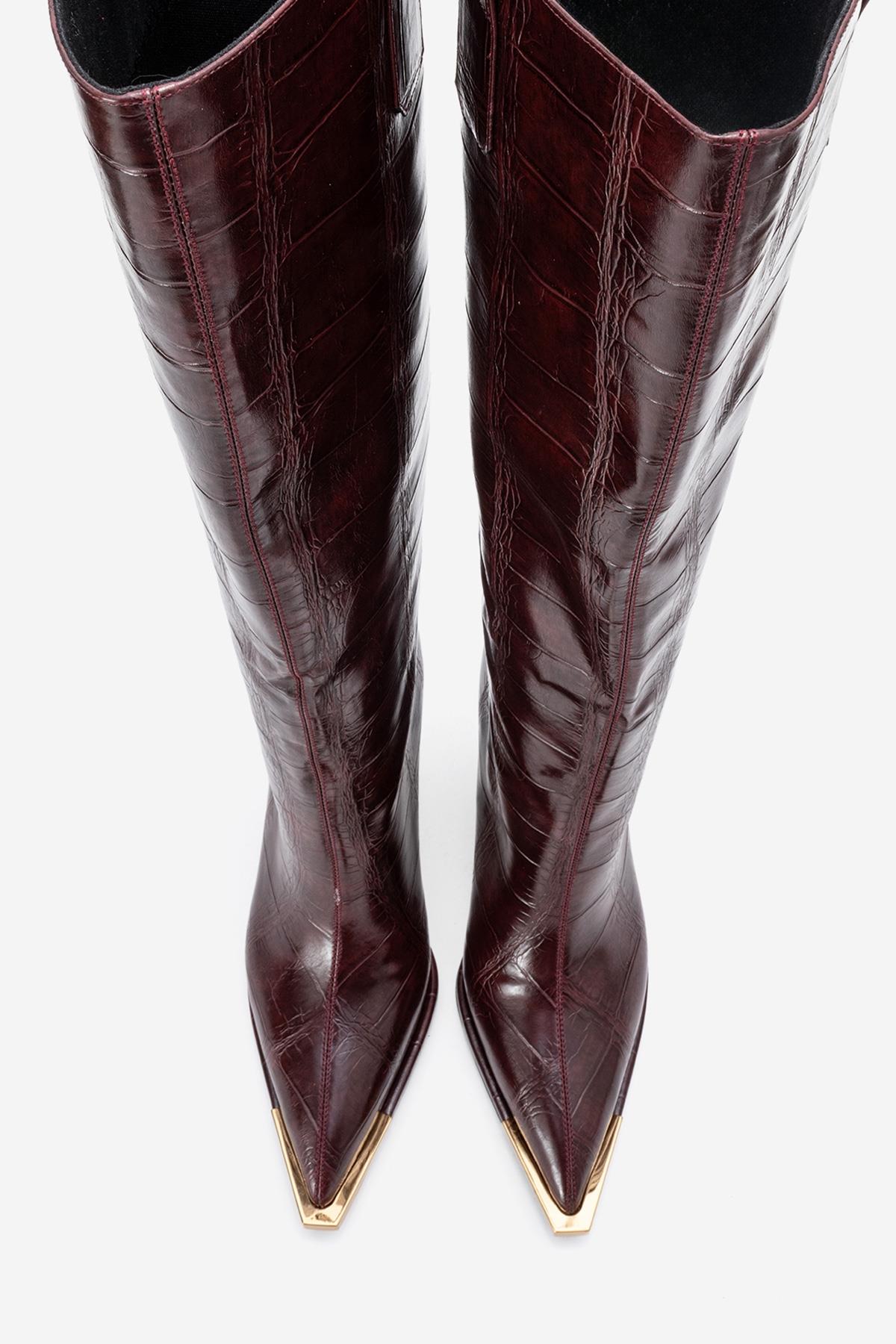 Lunelle - Burgundy Pointed Toe Stiletto Heel Knee-High Boot (Women)