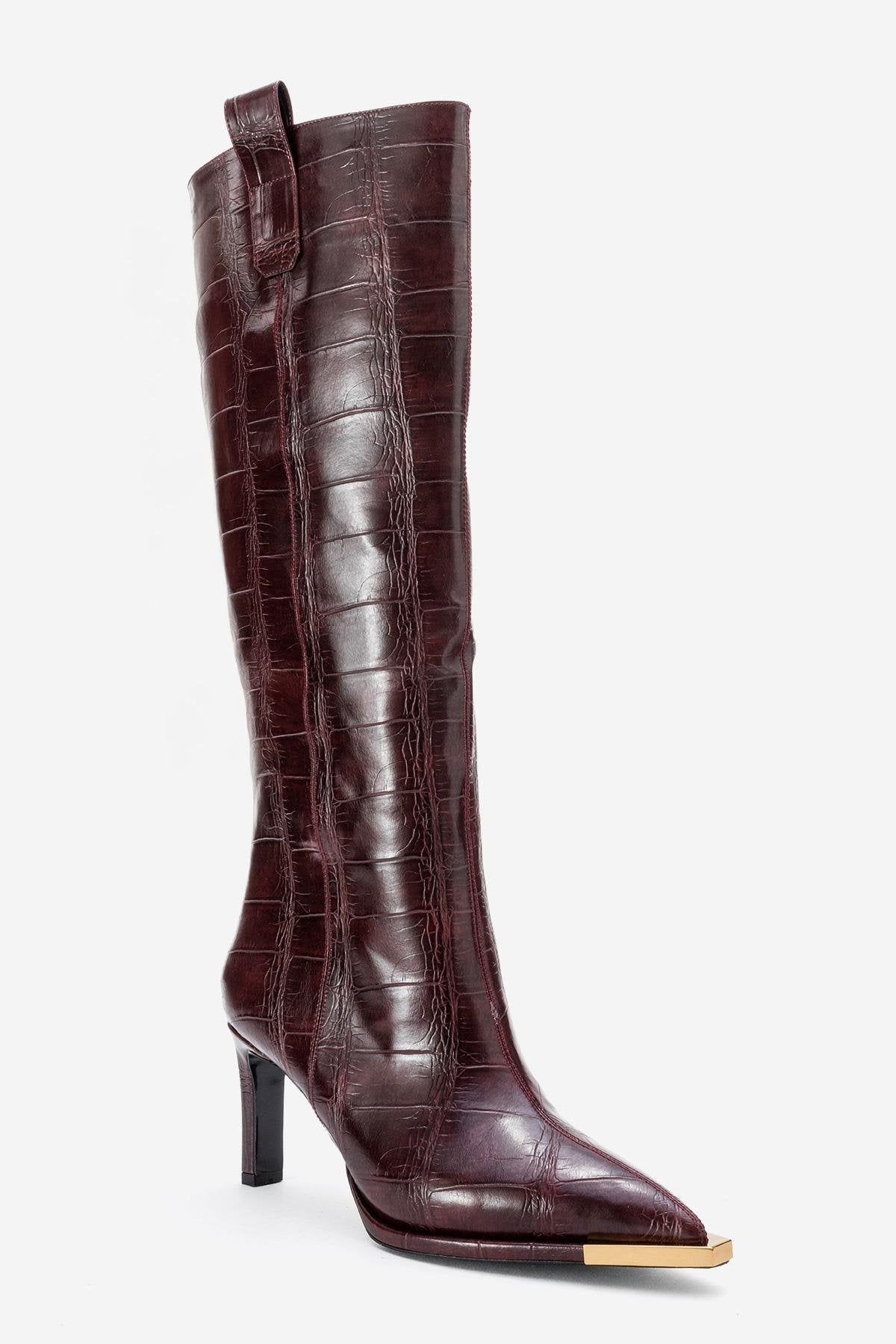 Lunelle - Burgundy Pointed Toe Stiletto Heel Knee-High Boot (Women)