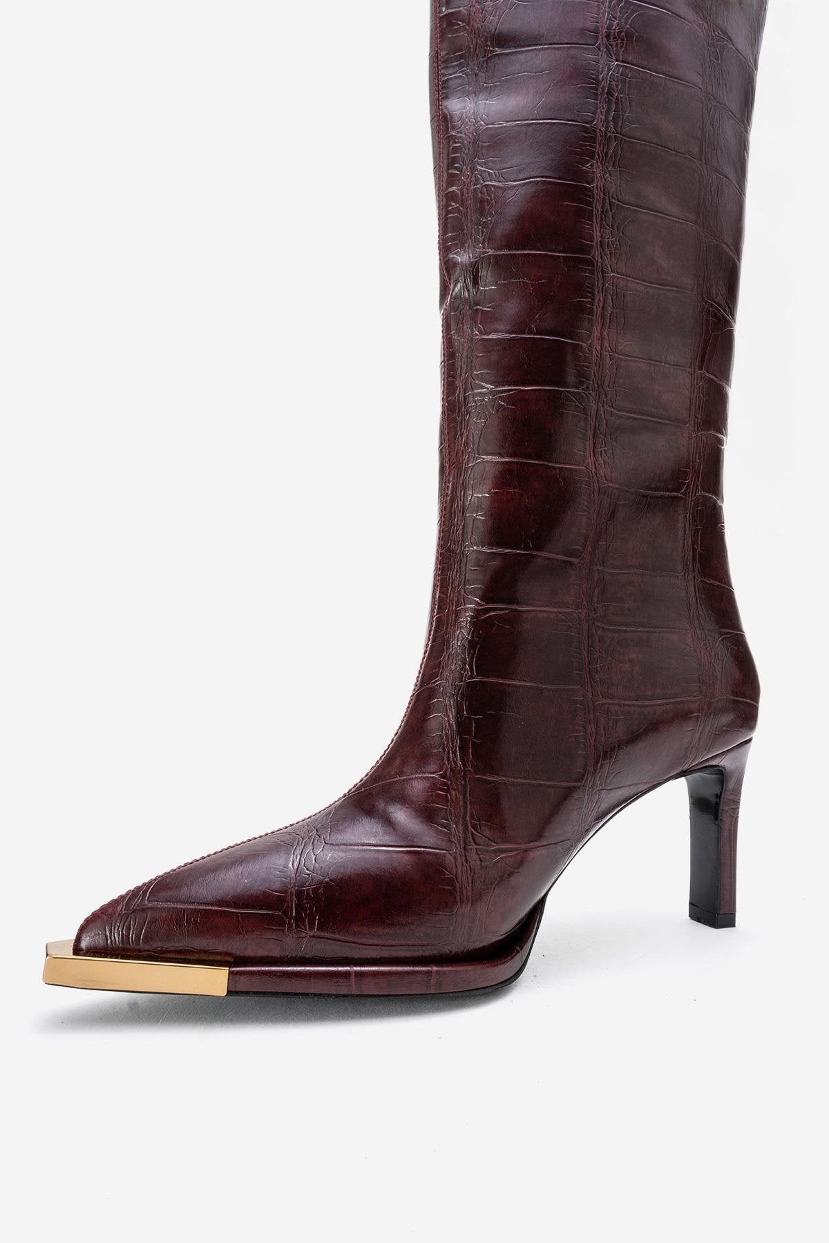 Lunelle - Burgundy Pointed Toe Stiletto Heel Knee-High Boot (Women)