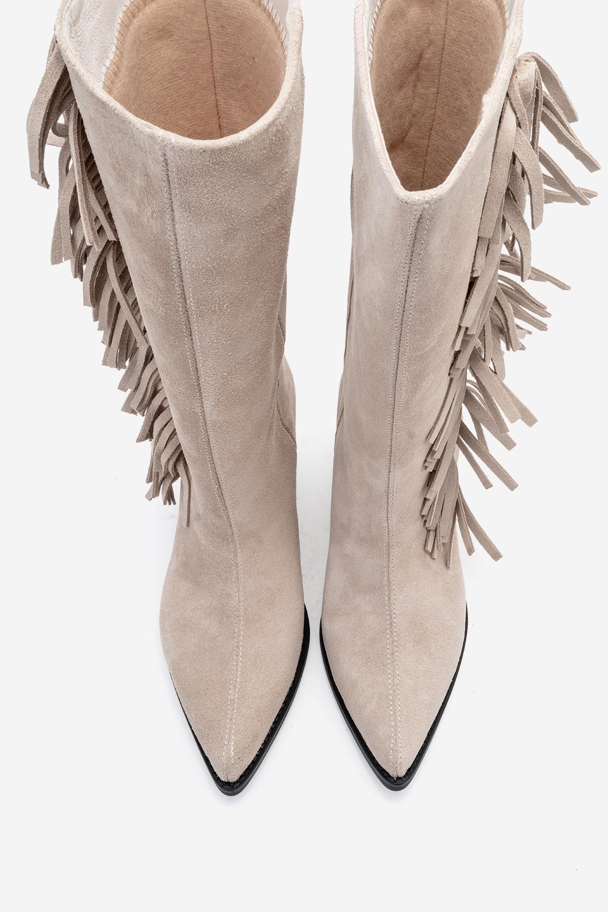 Orlo - Beige Suede Genuine Leather Fringed Western Boot (Women)
