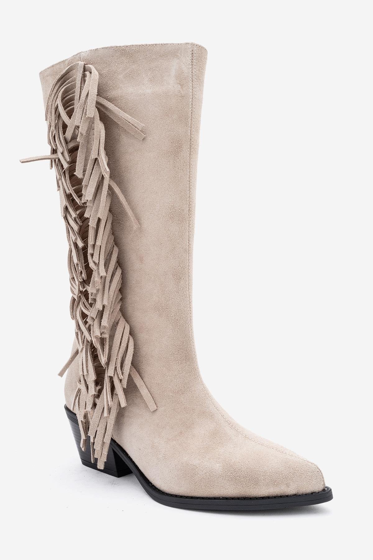 Orlo - Beige Suede Genuine Leather Fringed Western Boot (Women)