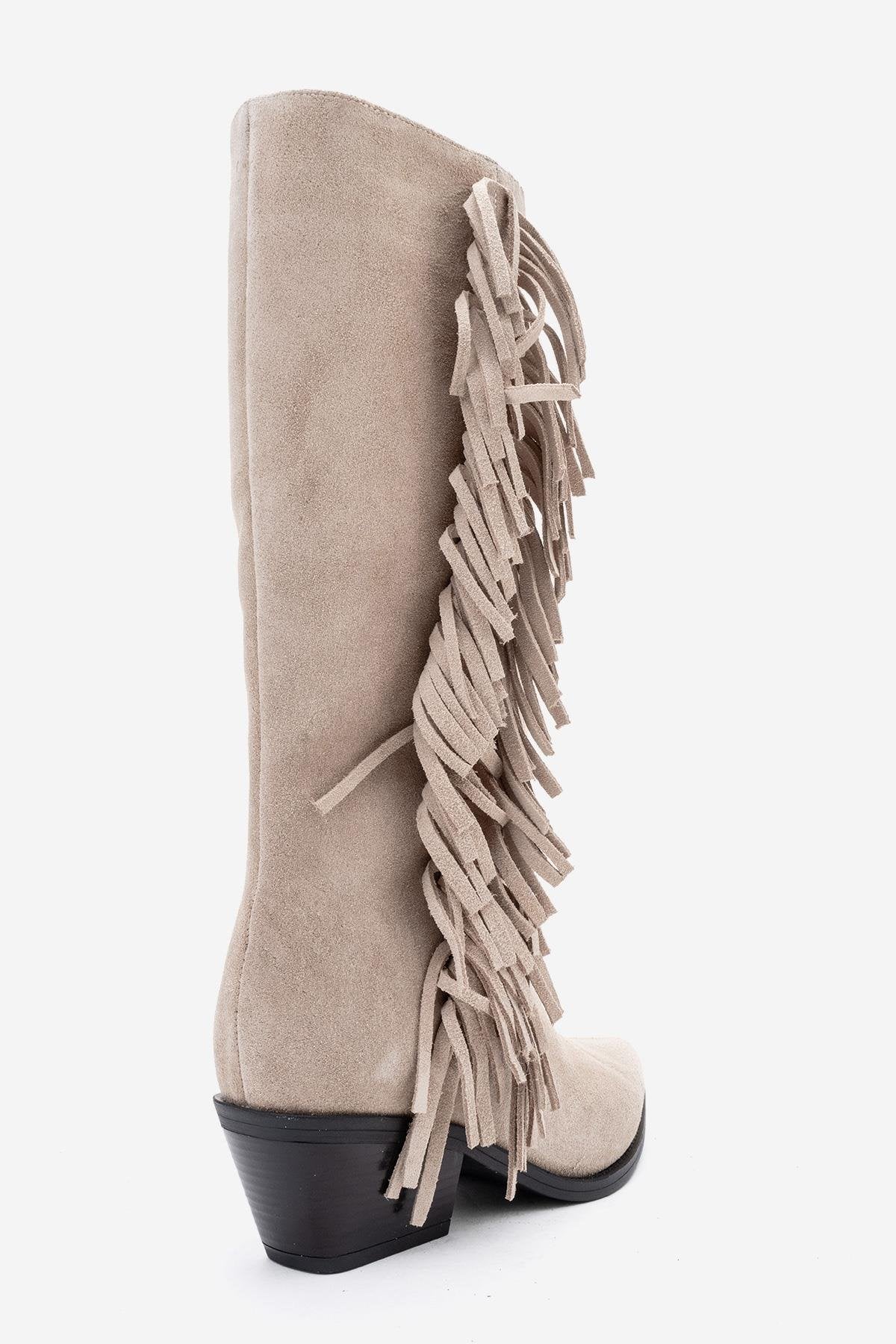 Orlo - Beige Suede Genuine Leather Fringed Western Boot (Women)