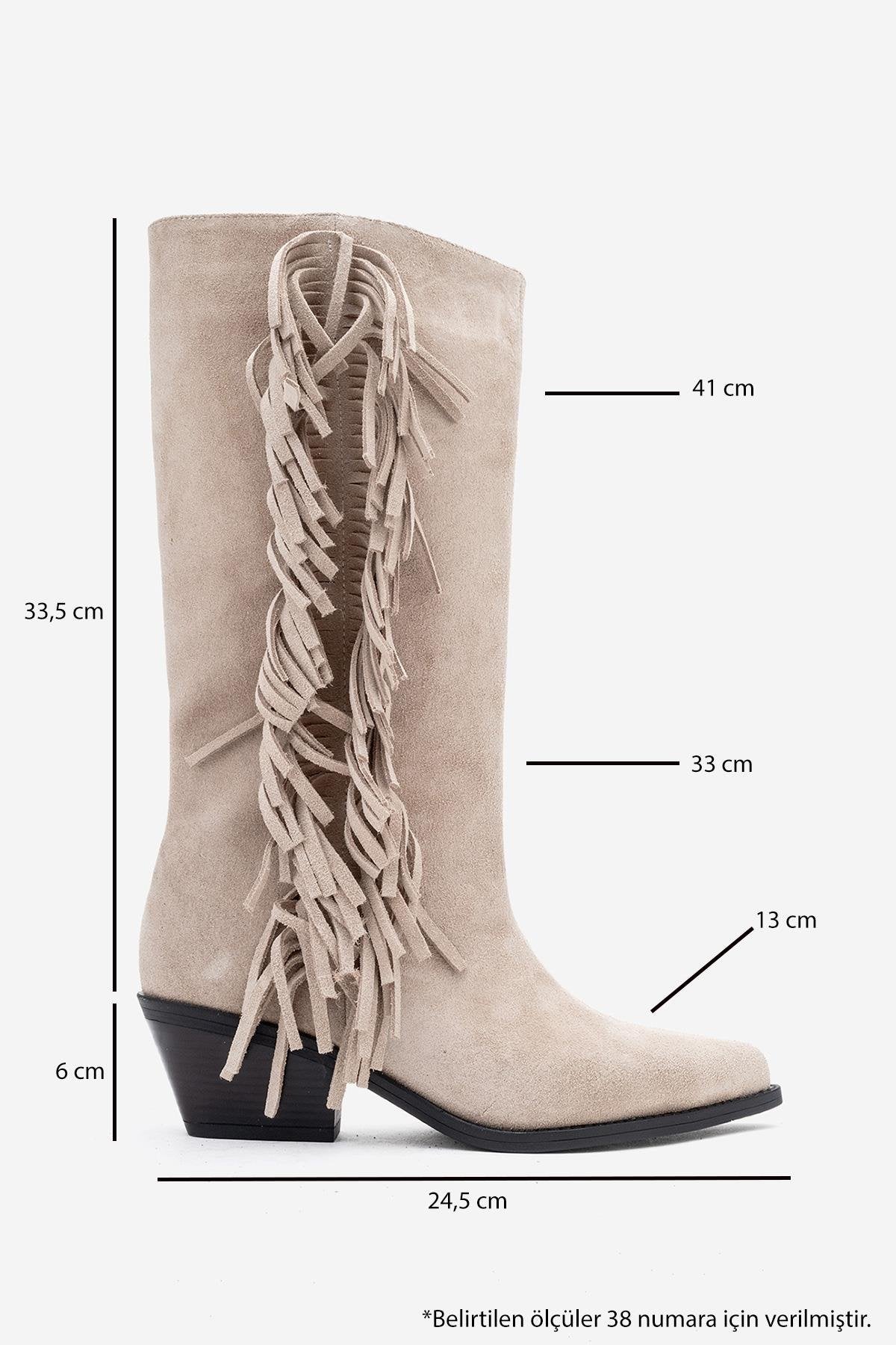 Orlo - Beige Suede Genuine Leather Fringed Western Boot (Women)