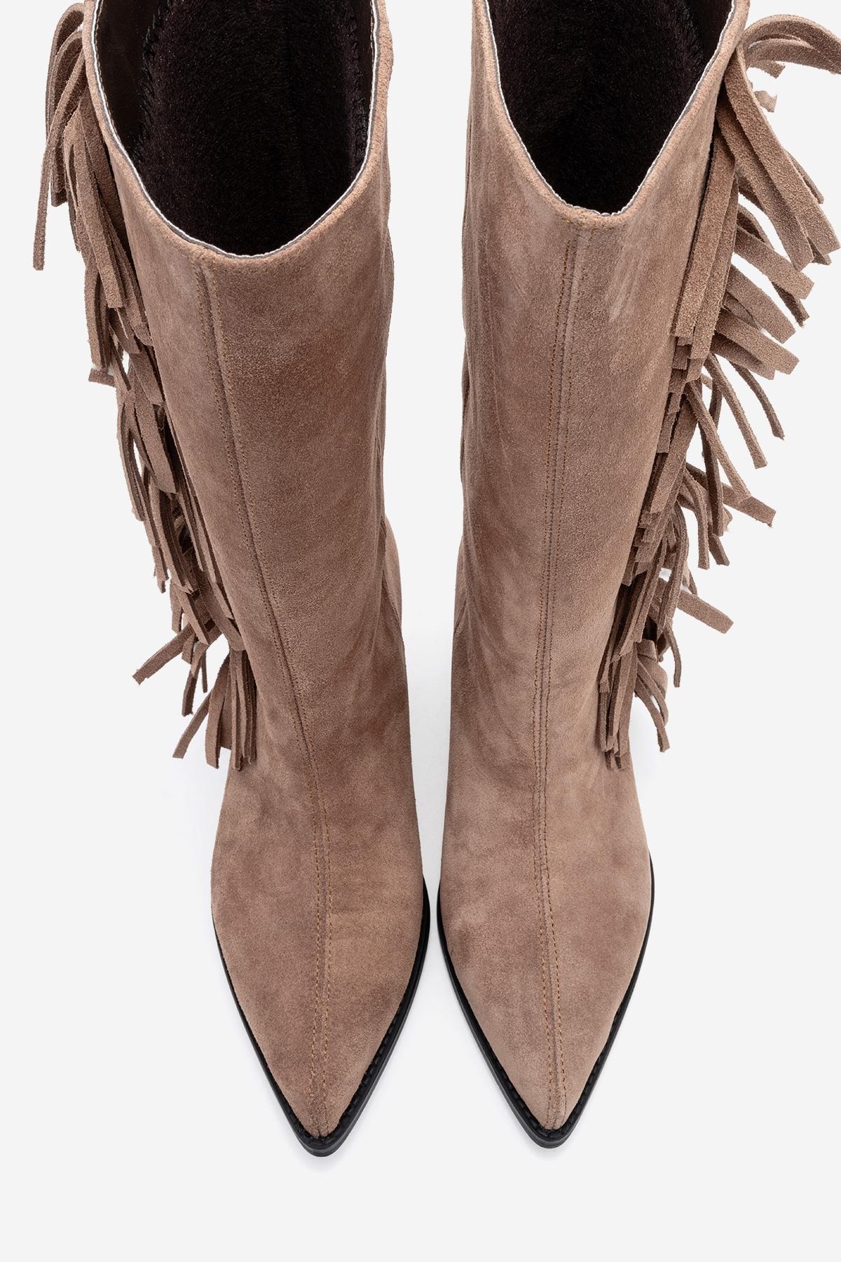 Orlo - Taupe Suede Genuine Leather Fringed Western Boot (Women)