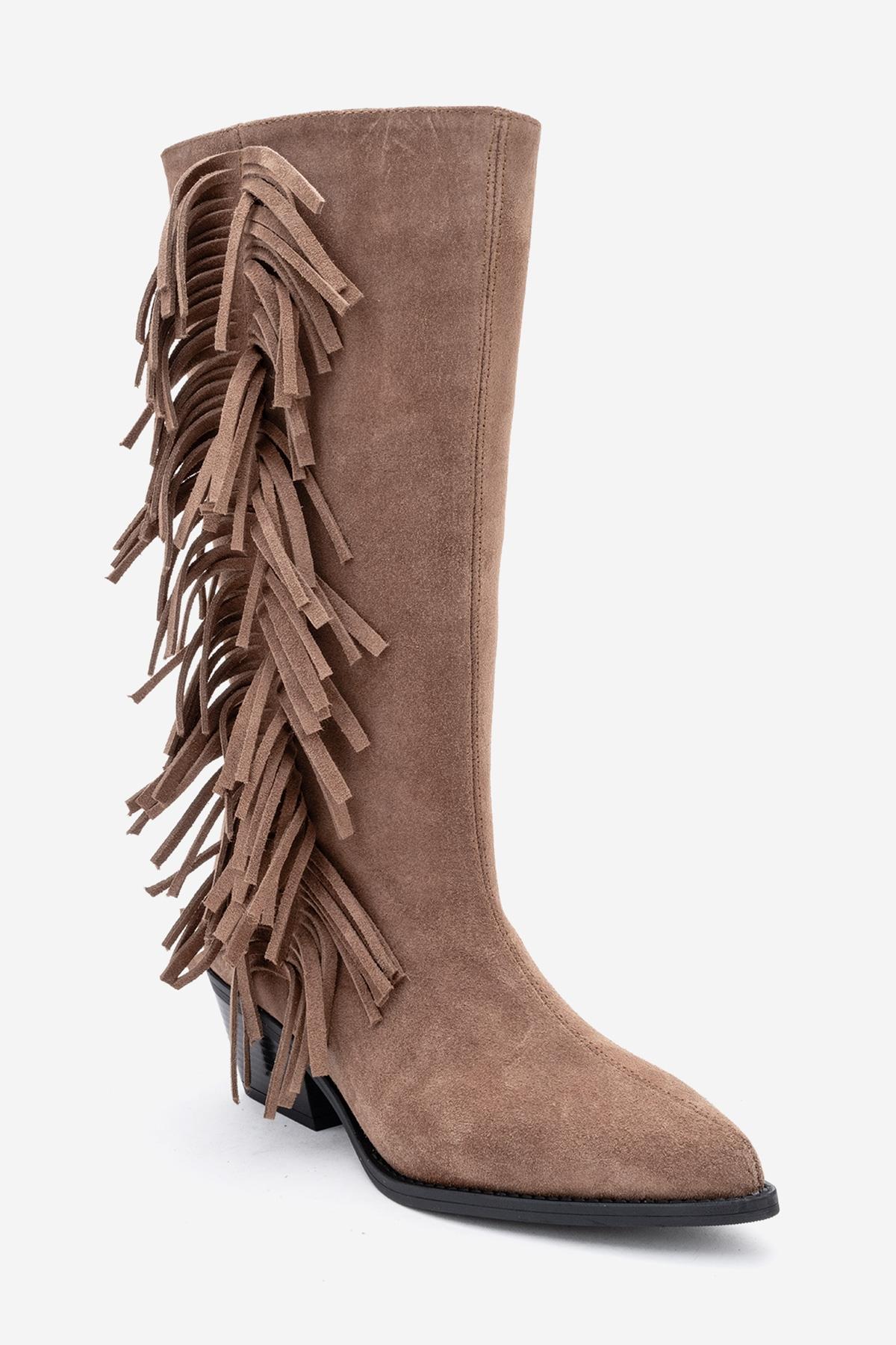 Orlo - Taupe Suede Genuine Leather Fringed Western Boot (Women)